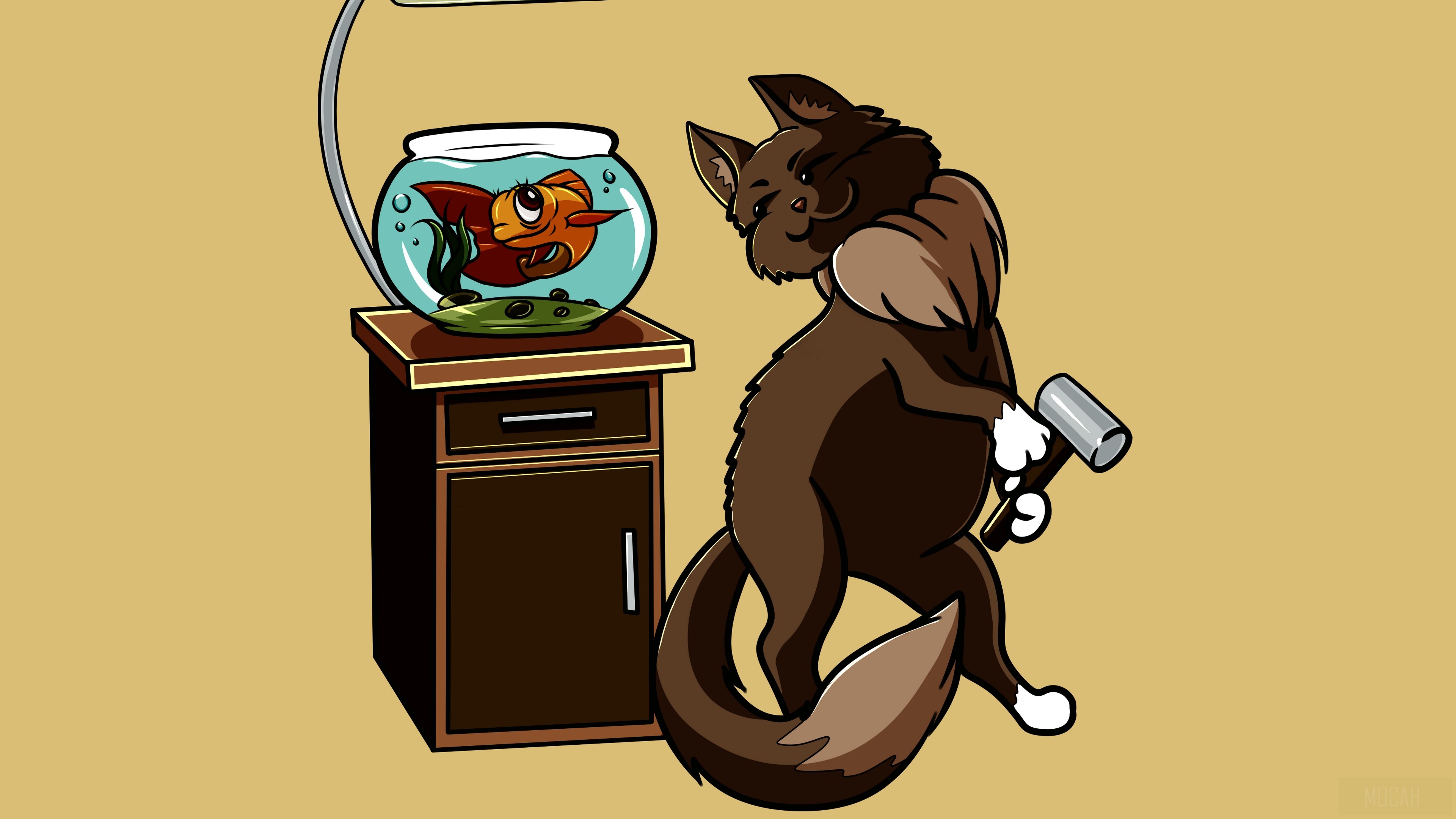 Cat with hammer looking at fish in aquarium HD Wallpaper