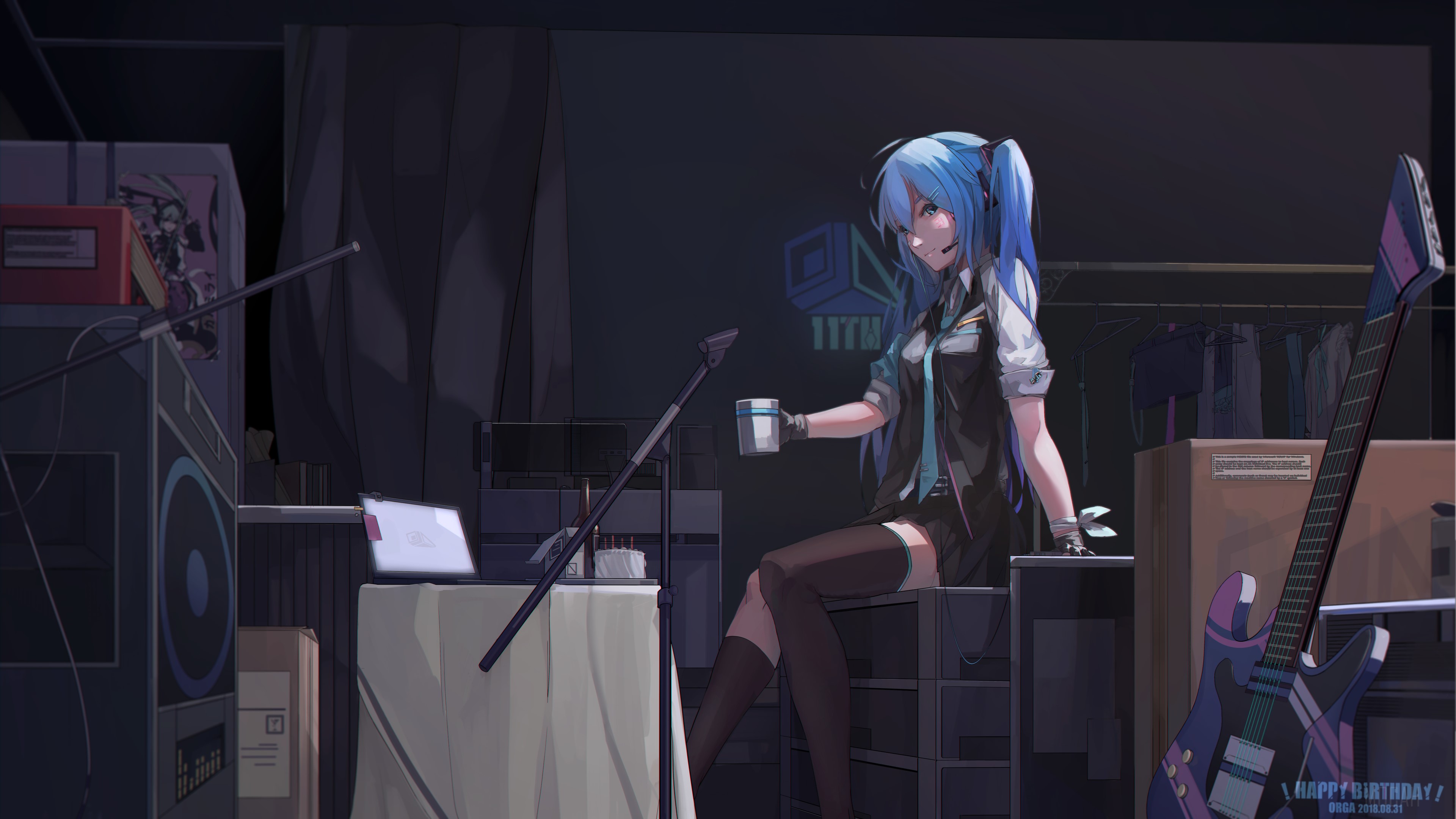 Girl with blue hair and headphones holding a cup HD Wallpaper