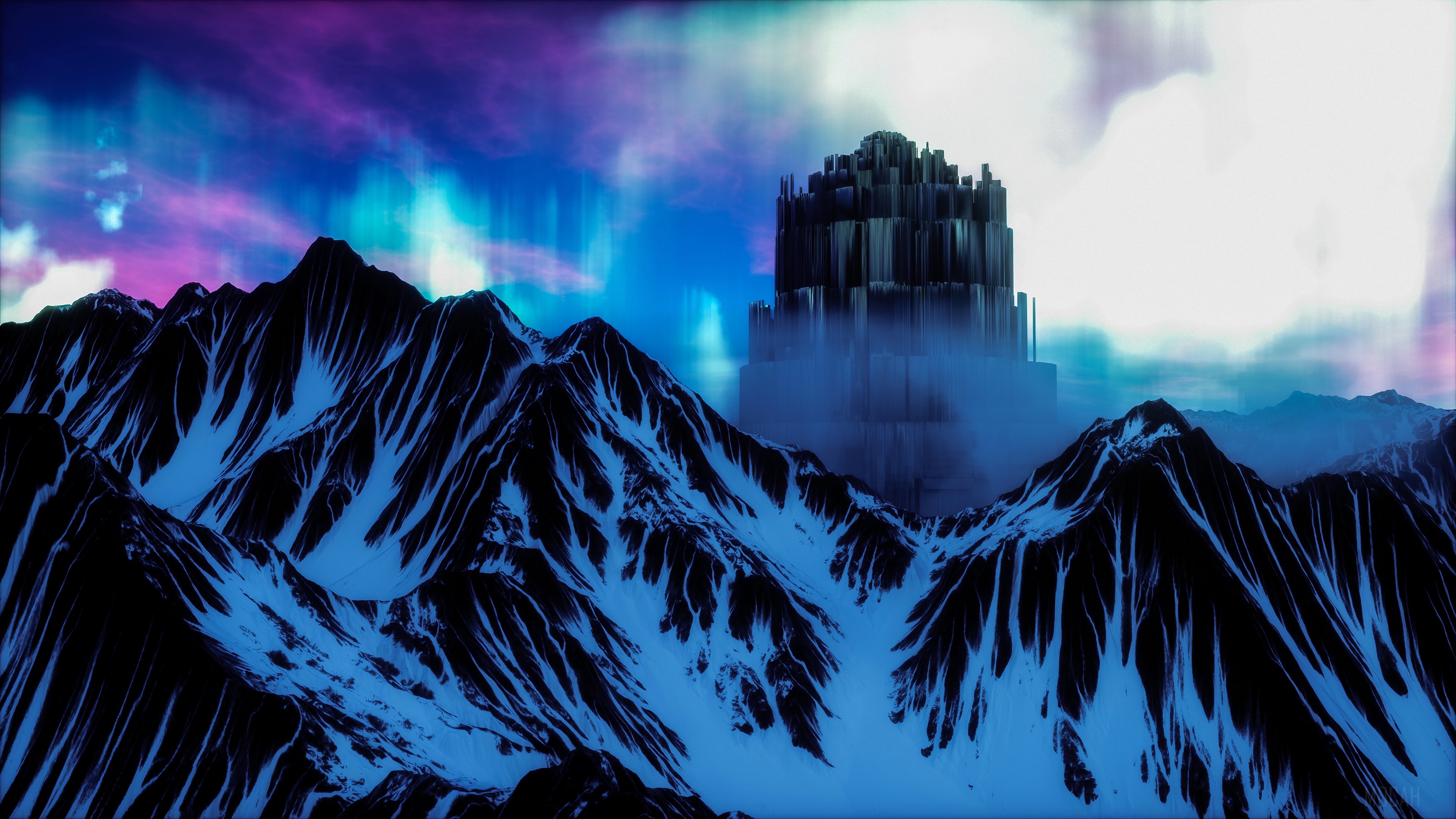 Fantasy structure in snowy mountains under aurora HD Wallpaper