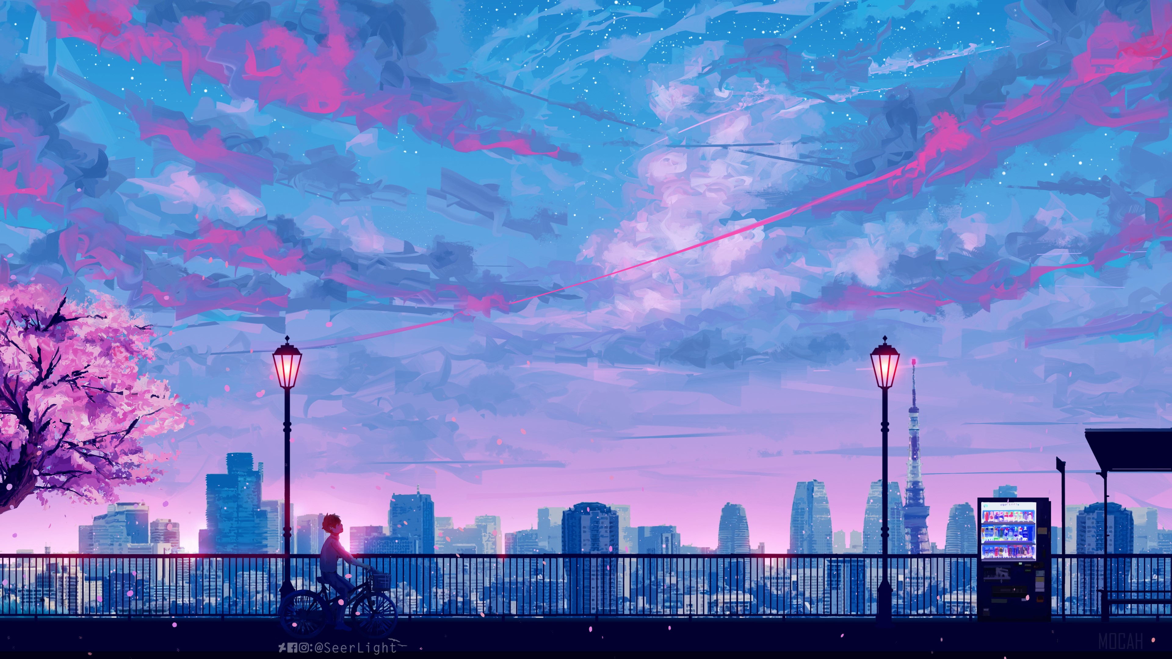 Anime Cityscape with Cherry Blossoms and Person on Bicycle 4K HD Wallpaper