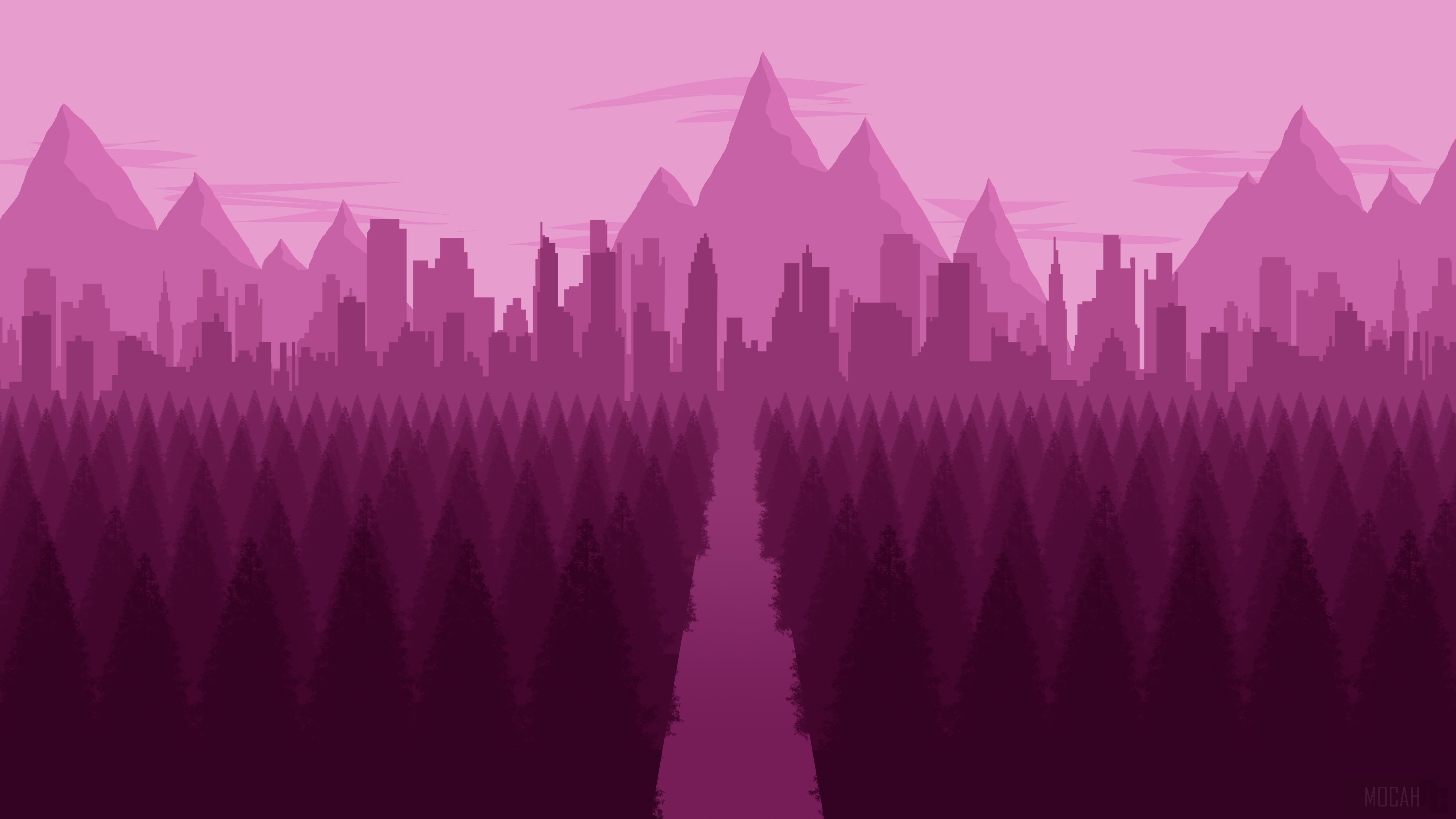 Minimalist Cityscape Behind a Forest in Pink 4K HD Wallpaper