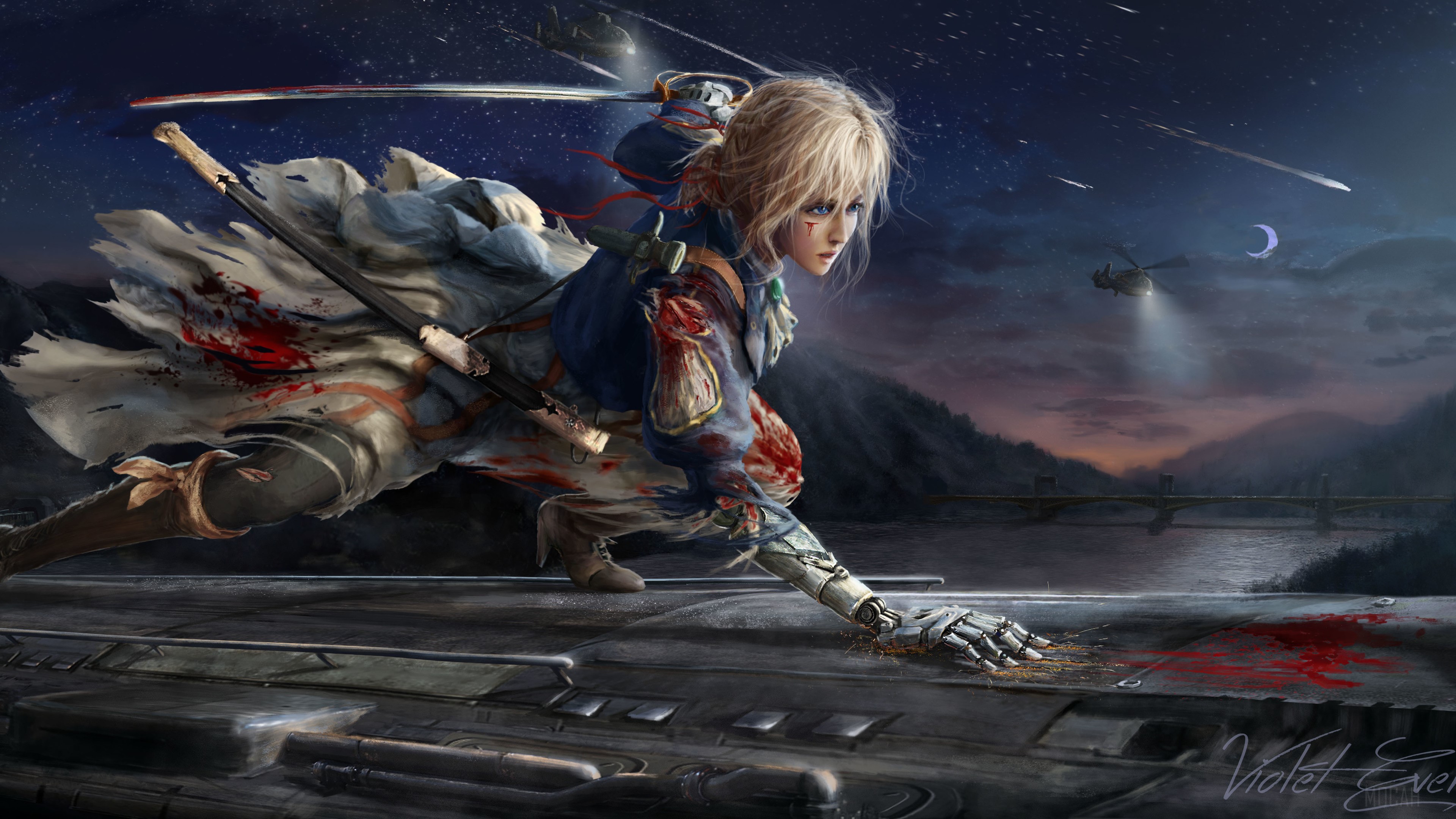 Violet Evergarden in battle at night HD Wallpaper