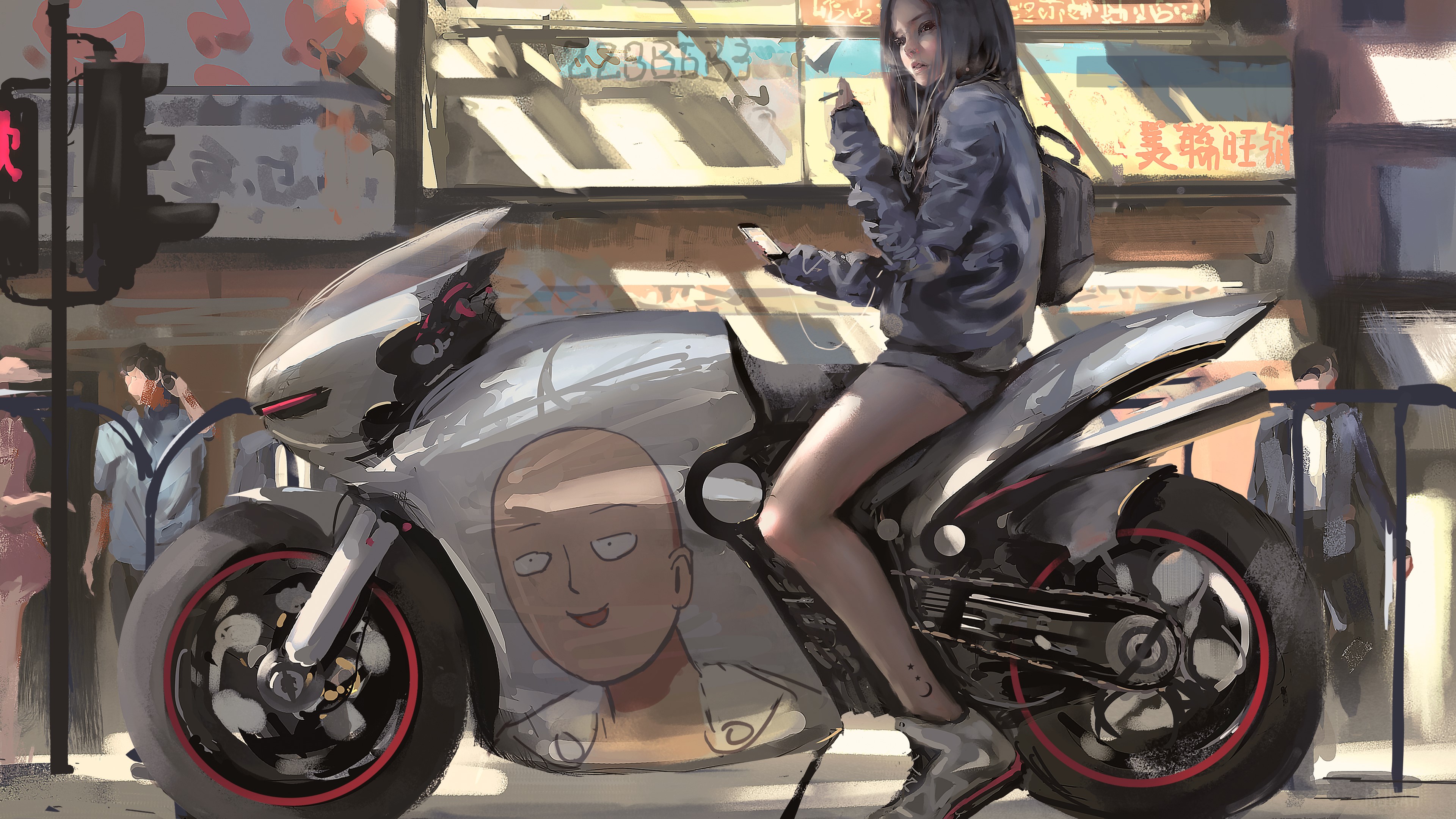 Anime girl on a motorcycle with Saitama art HD Wallpaper
