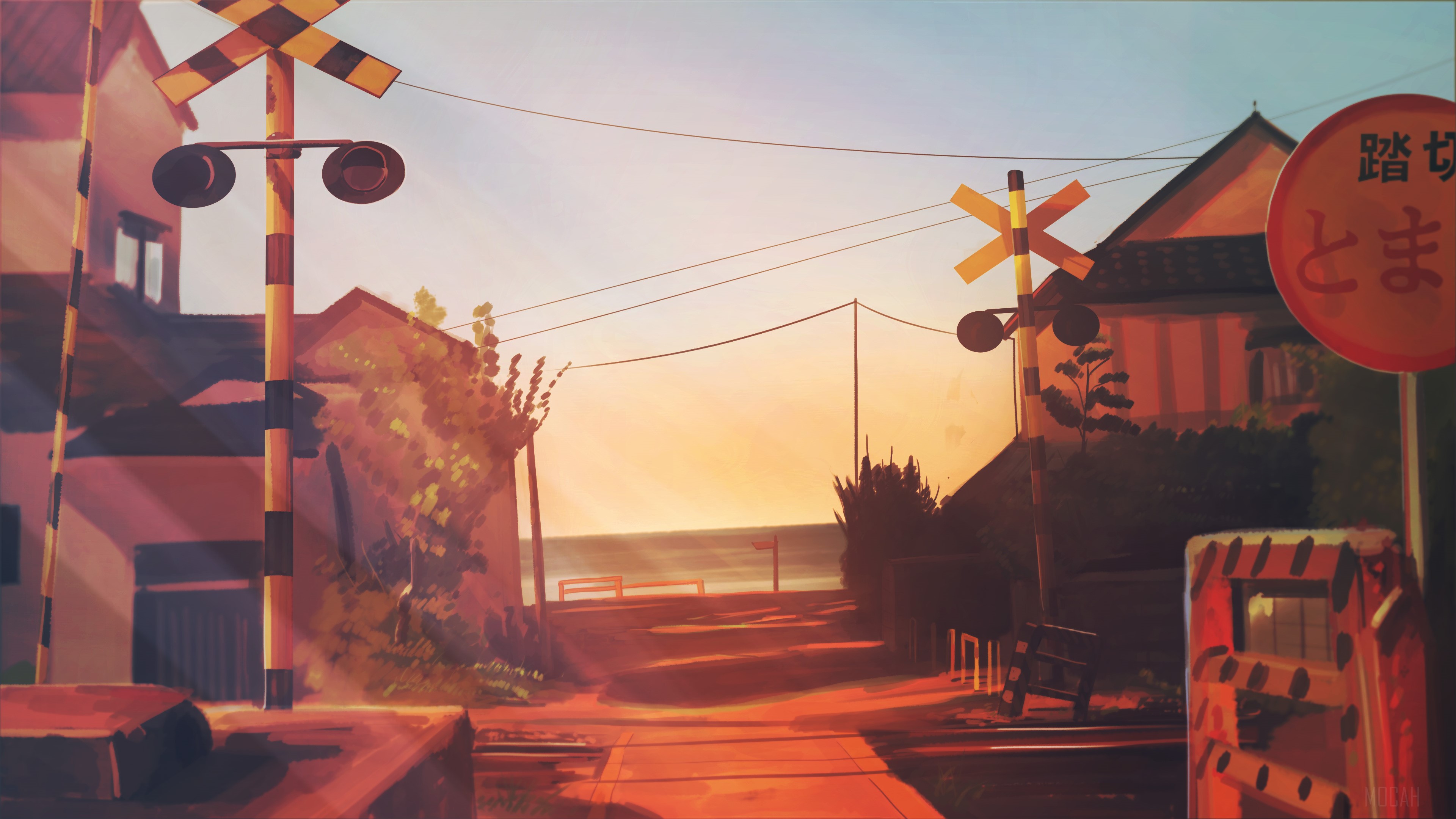 Anime Railway Crossing at Sunset HD Wallpaper