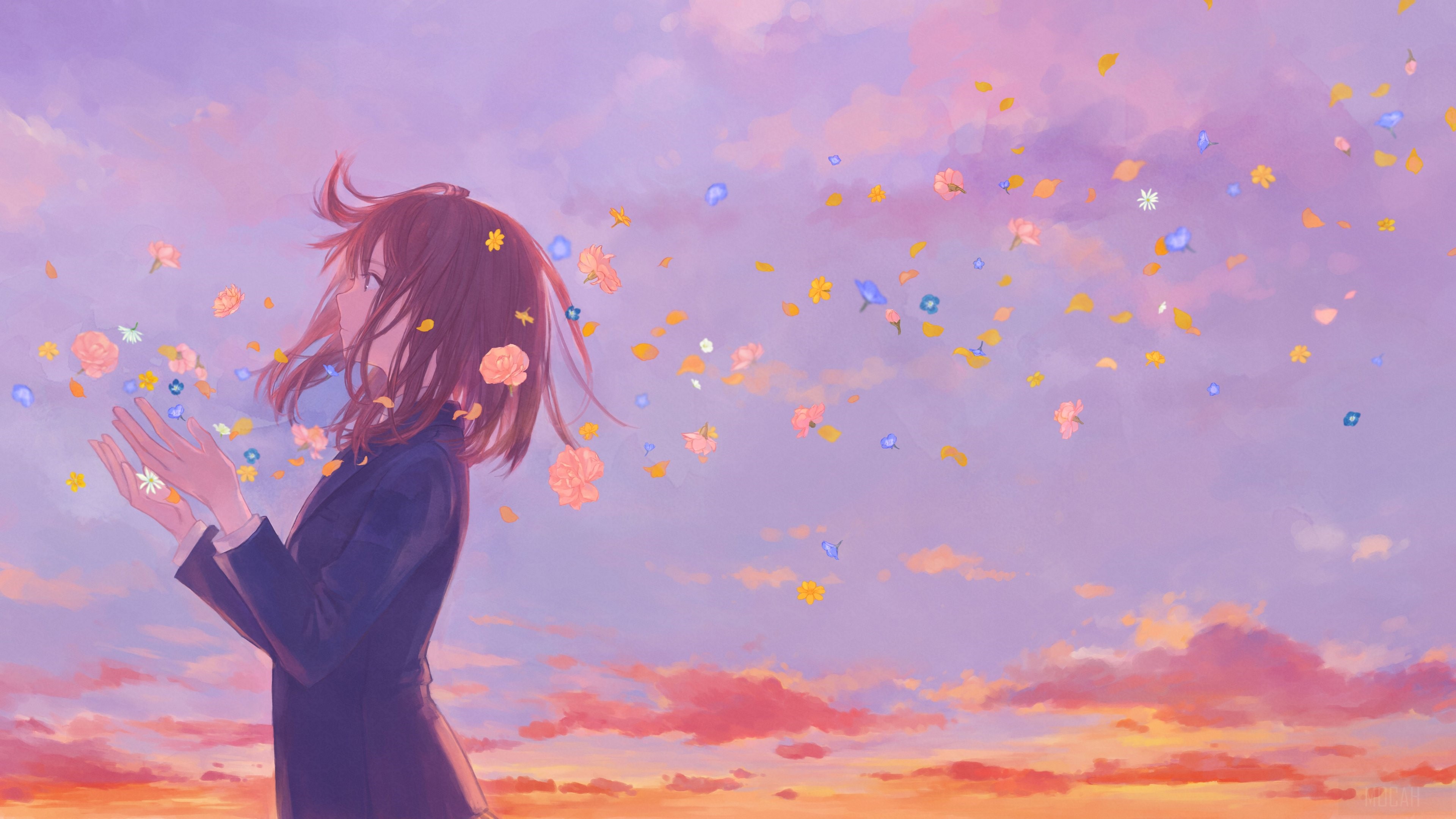 Anime Girl in School Uniform Releasing Flowers into the Sky 4K HD Wallpaper
