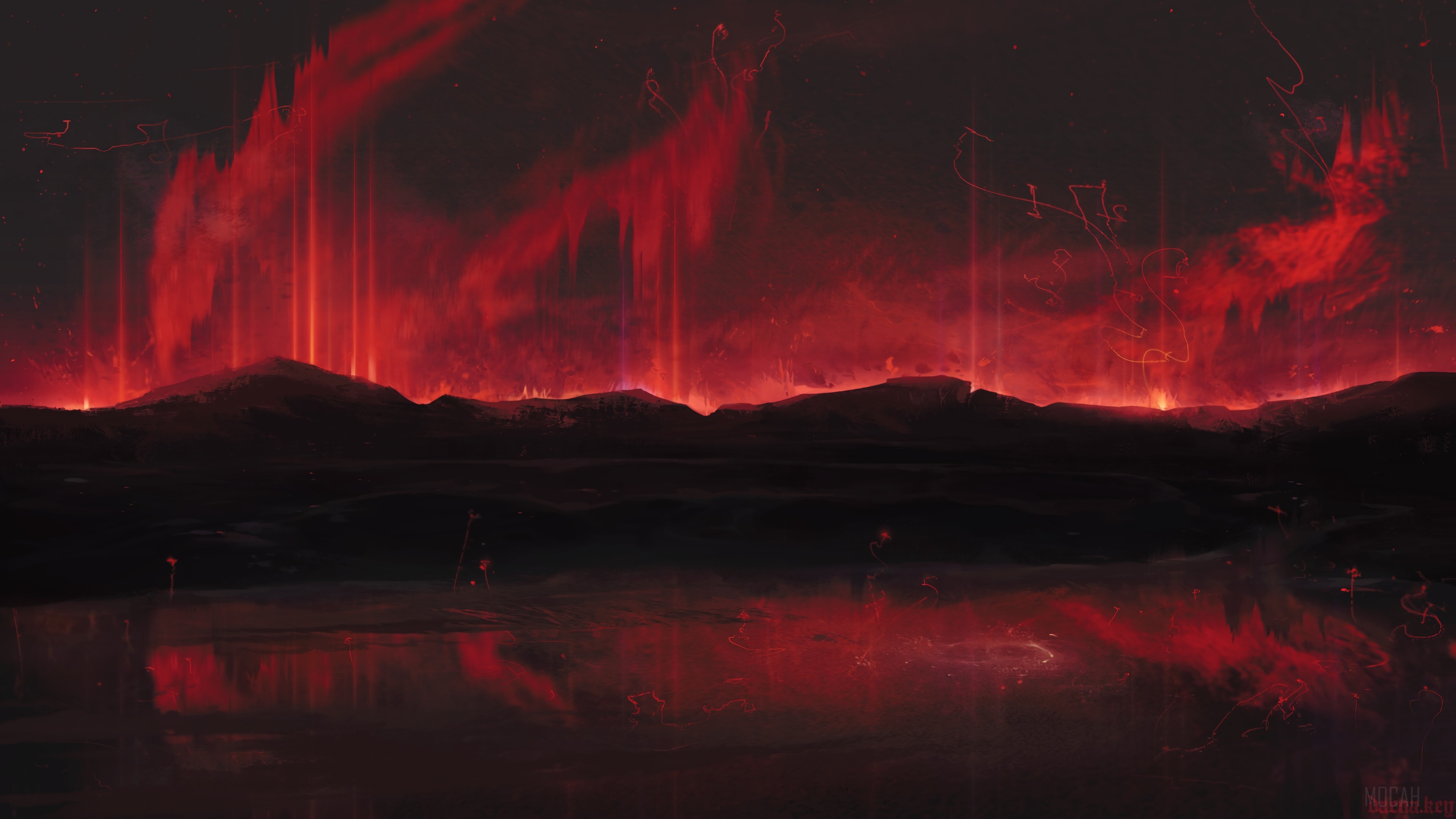 Dark landscape with red aurora over mountains and reflection HD Wallpaper