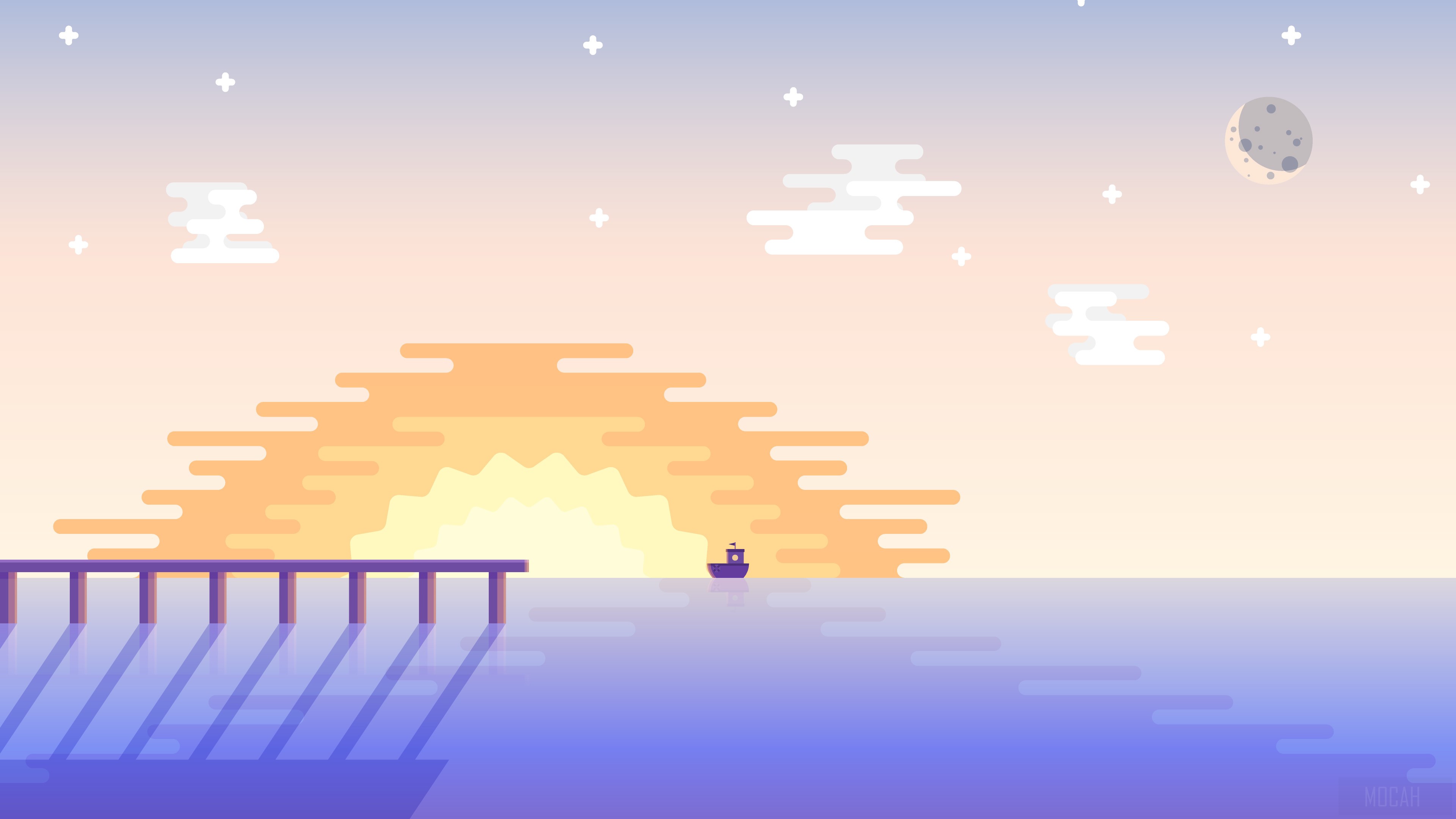 Minimalist Sunset over the Ocean with a Boat and Pier 4K HD Wallpaper