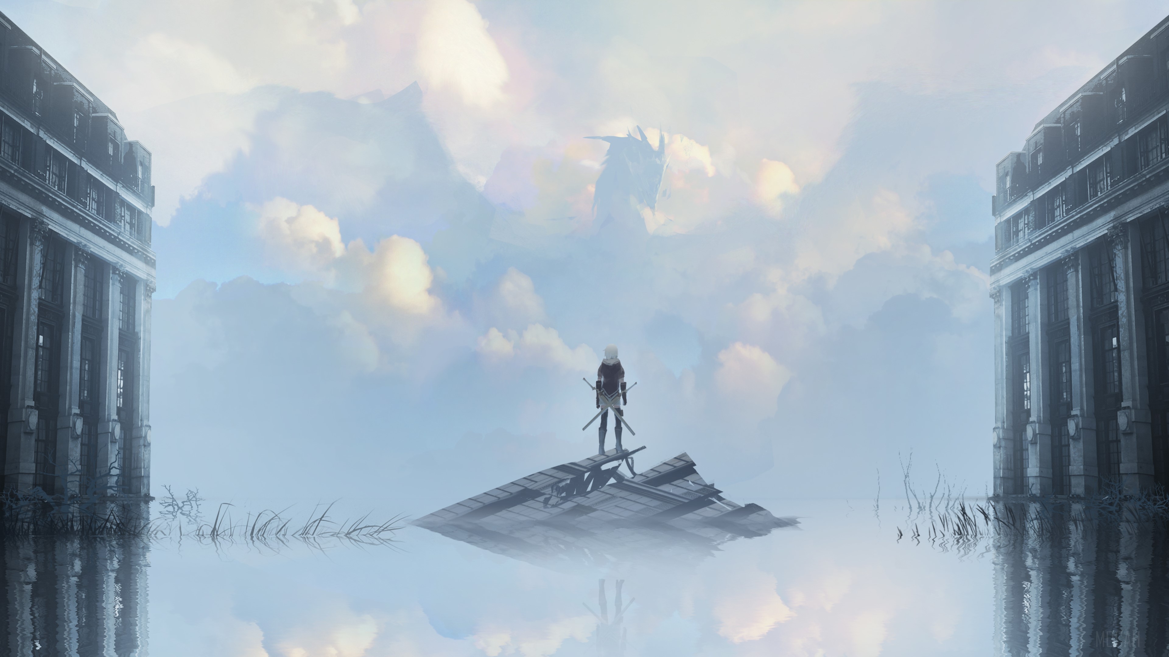 Warrior and Dragon Behind Clouds 4K HD Wallpaper