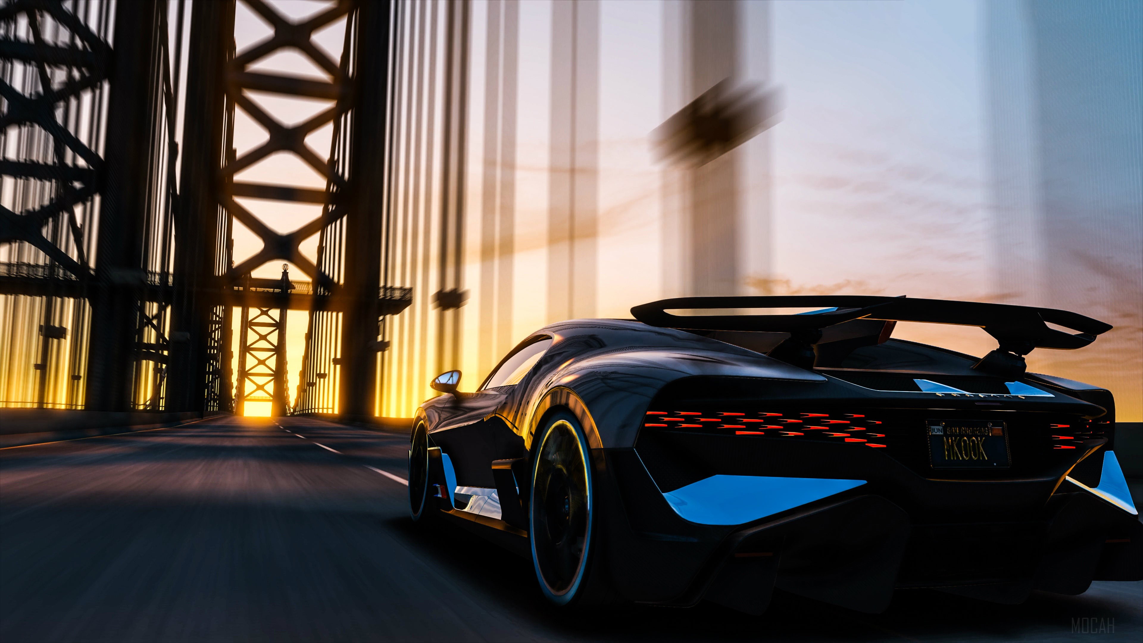 Bugatti Divo driving on a bridge at sunset 4K HD Wallpaper