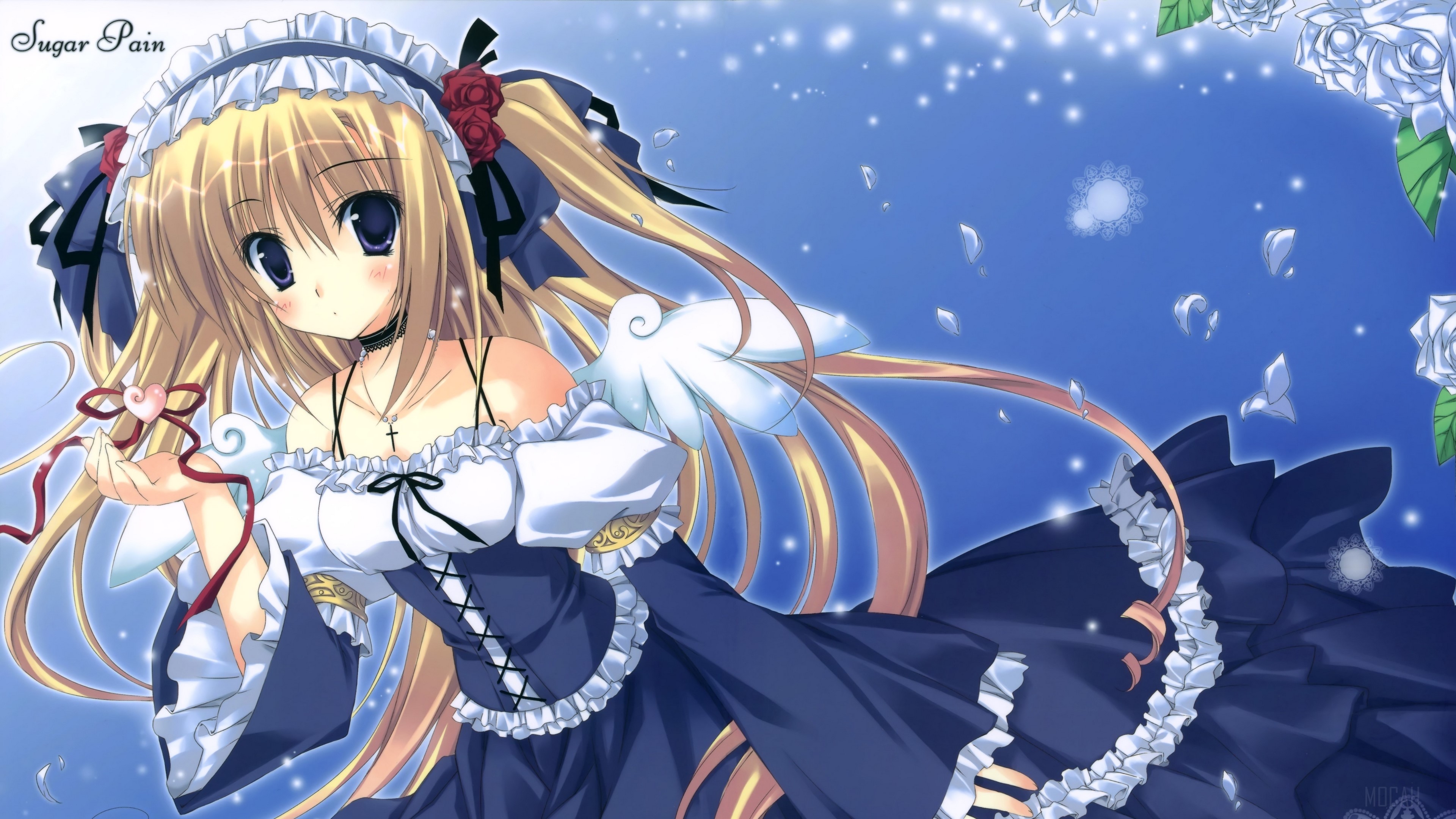 Girl with blonde hair in a blue dress HD Wallpaper