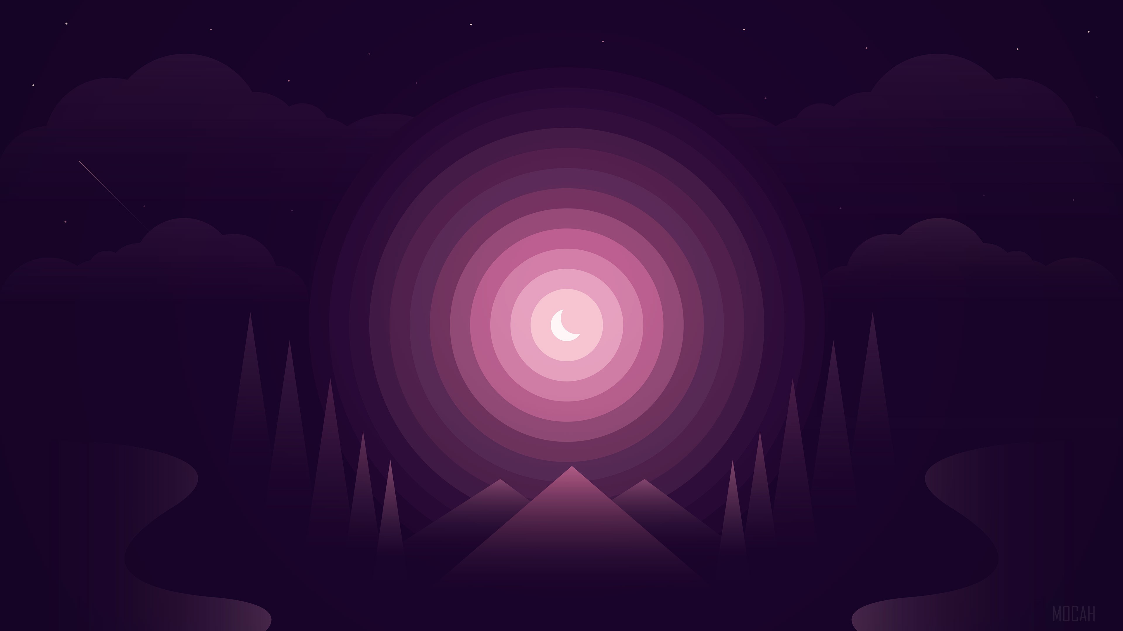Minimalist Moonlit Landscape with Mountains and Trees 4K HD Wallpaper