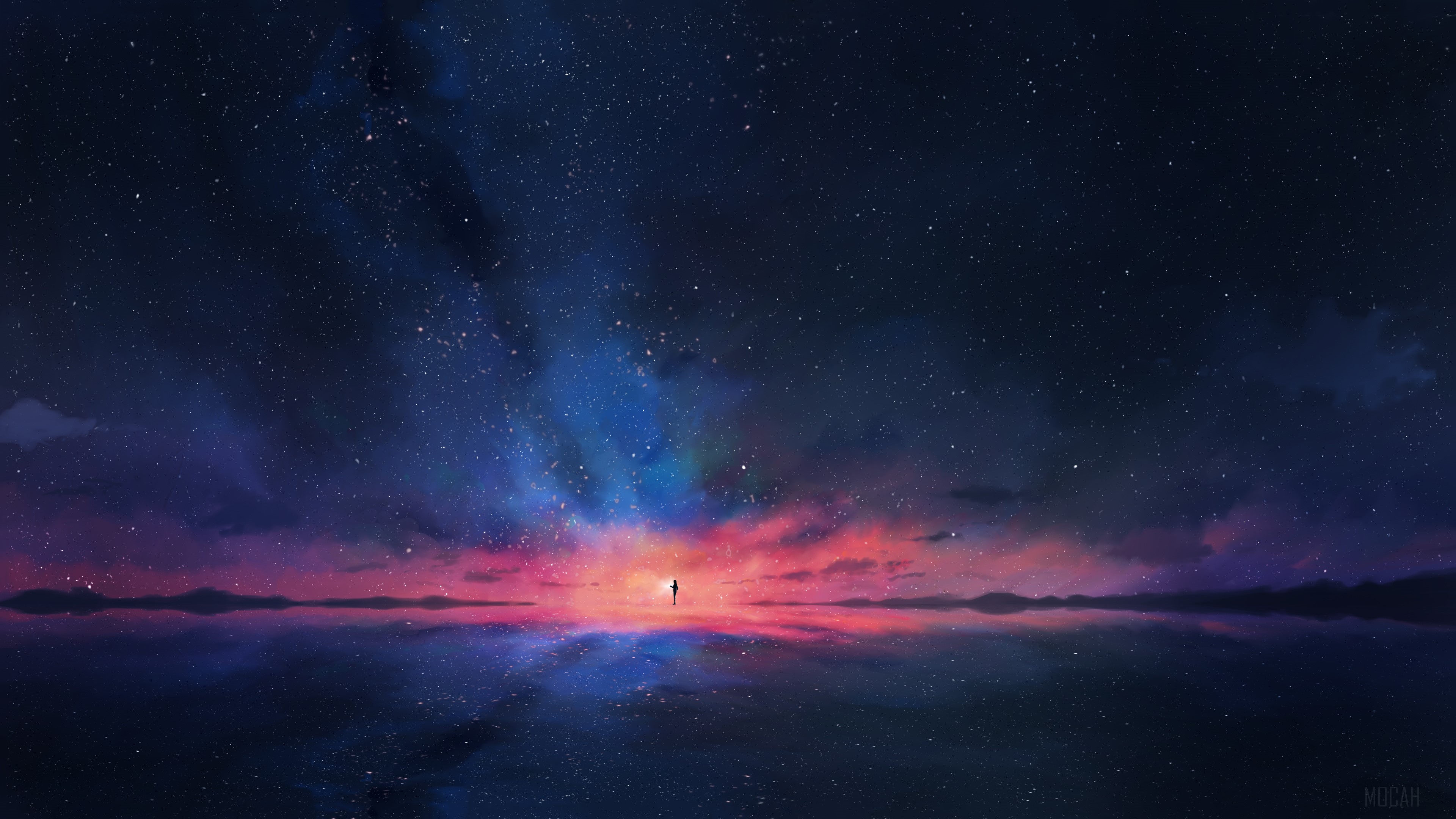 Person Standing Under Starry Sky with Colorful Clouds HD Wallpaper