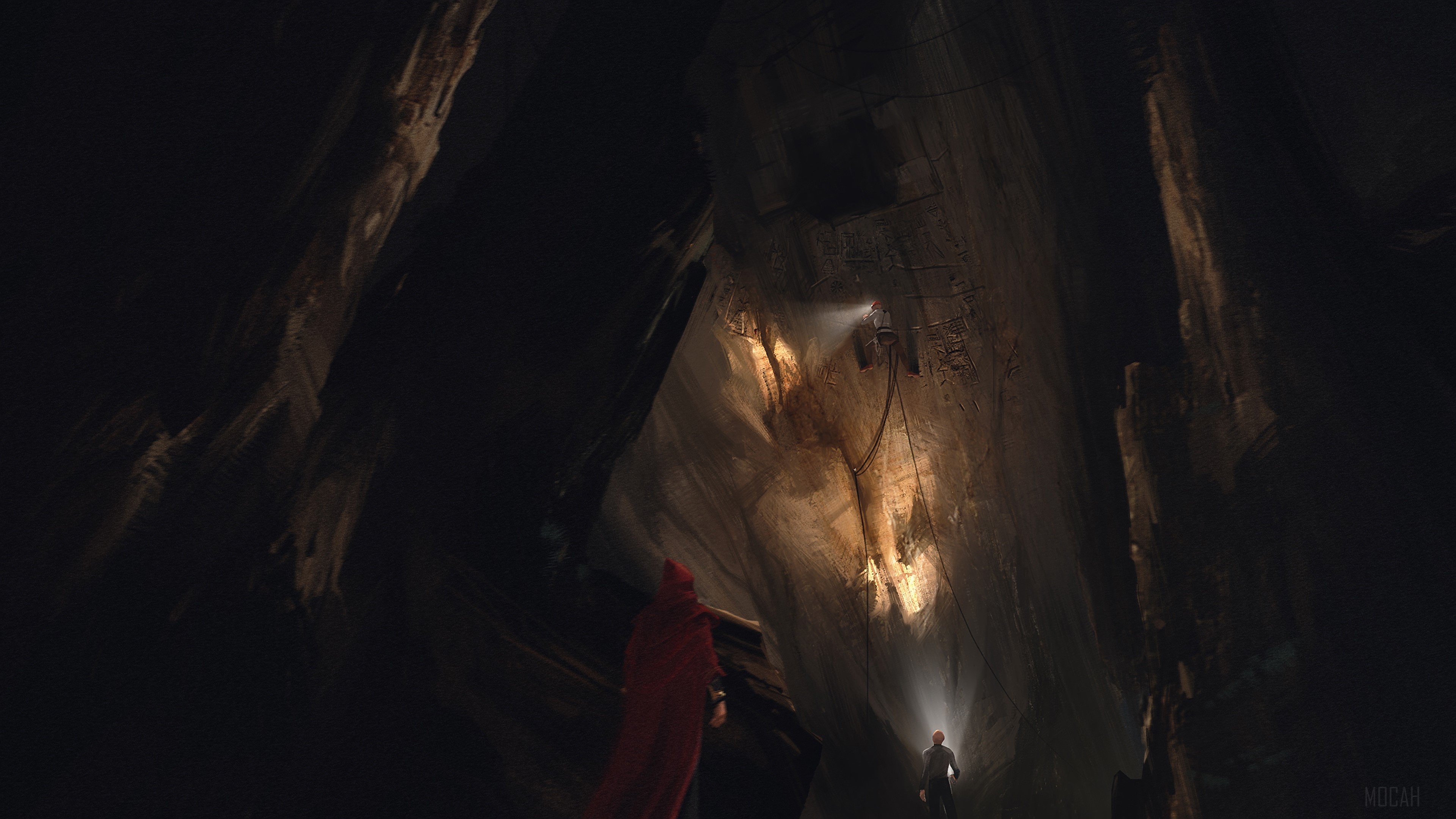 People exploring a dark cave with lights HD Wallpaper