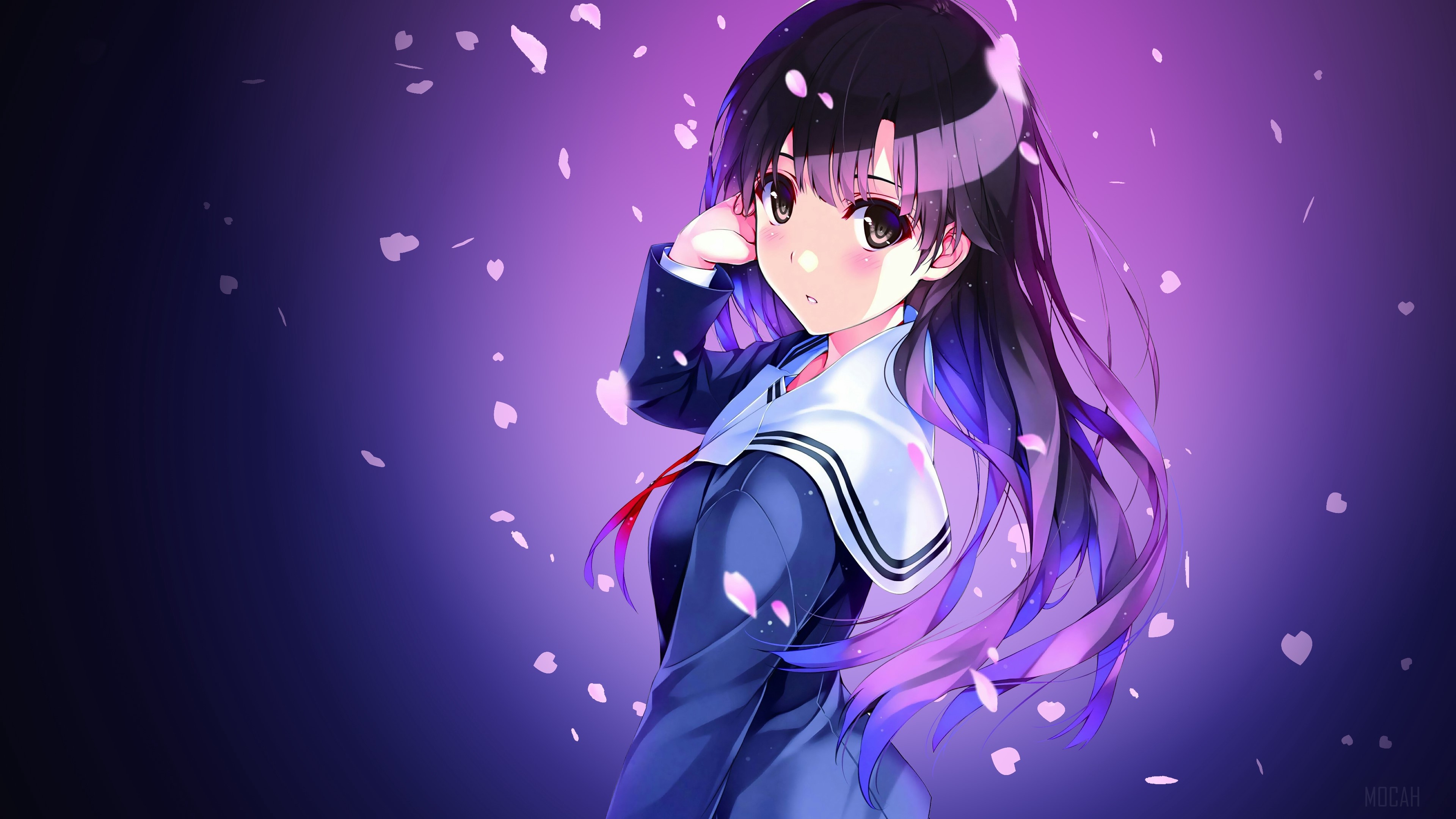 Anime schoolgirl in uniform with falling petals 4K HD Wallpaper