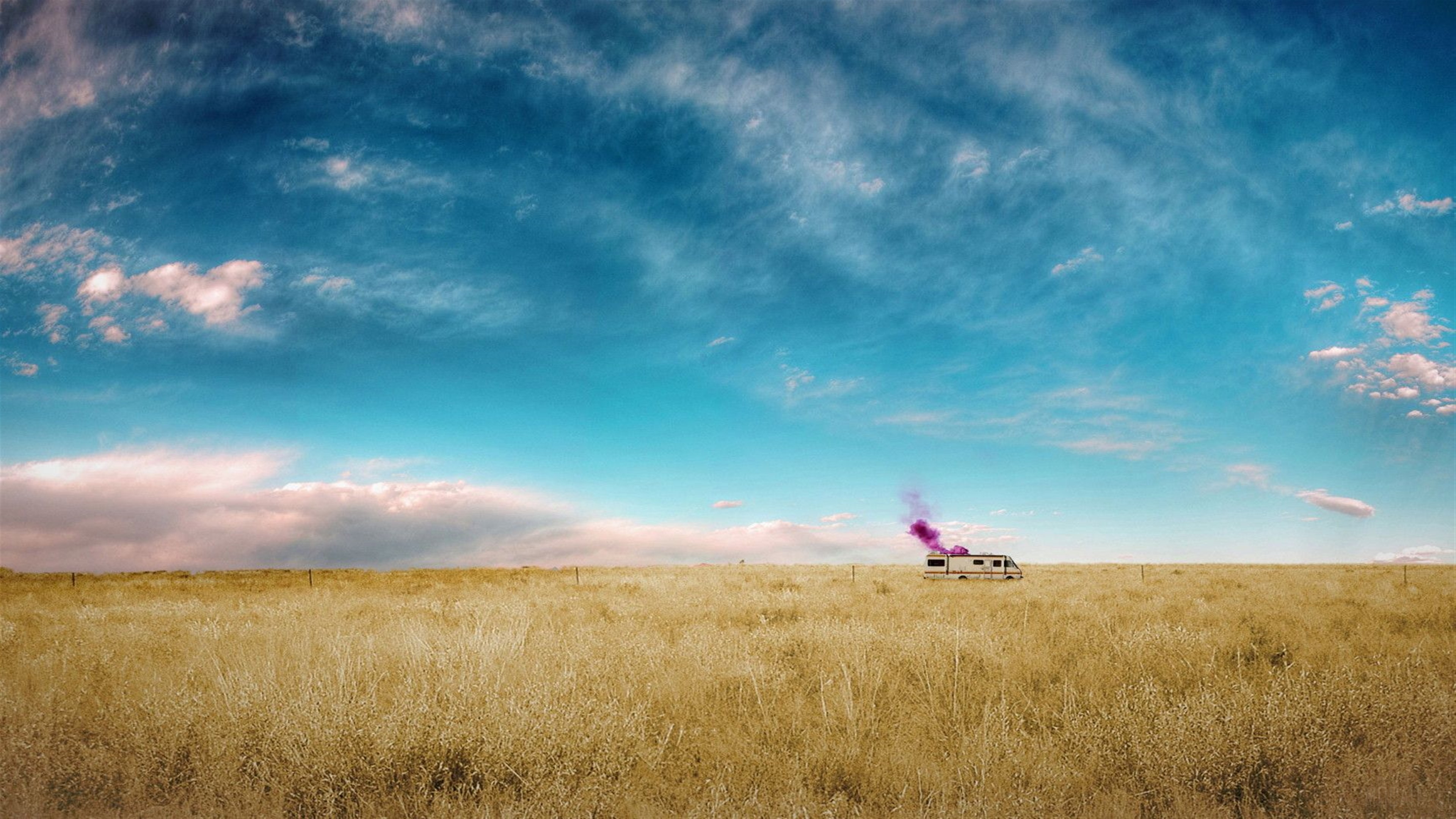 RV in a field with purple smoke 4K HD Wallpaper