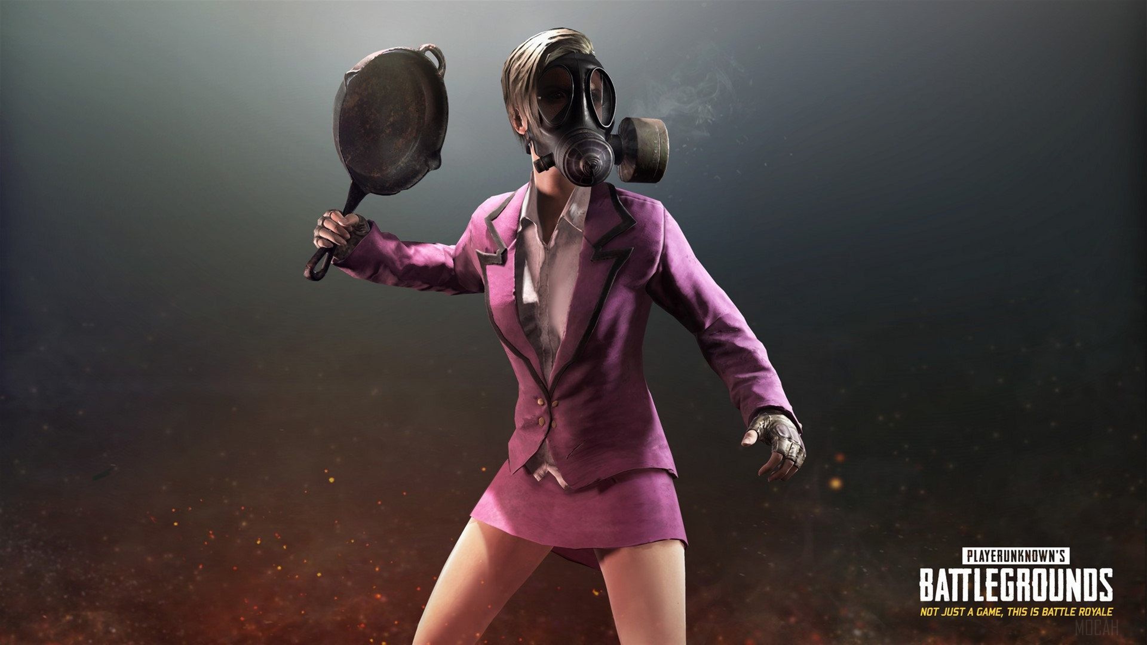 PlayerUnknown's Battlegrounds character with gas mask and frying pan 4K HD Wallpaper