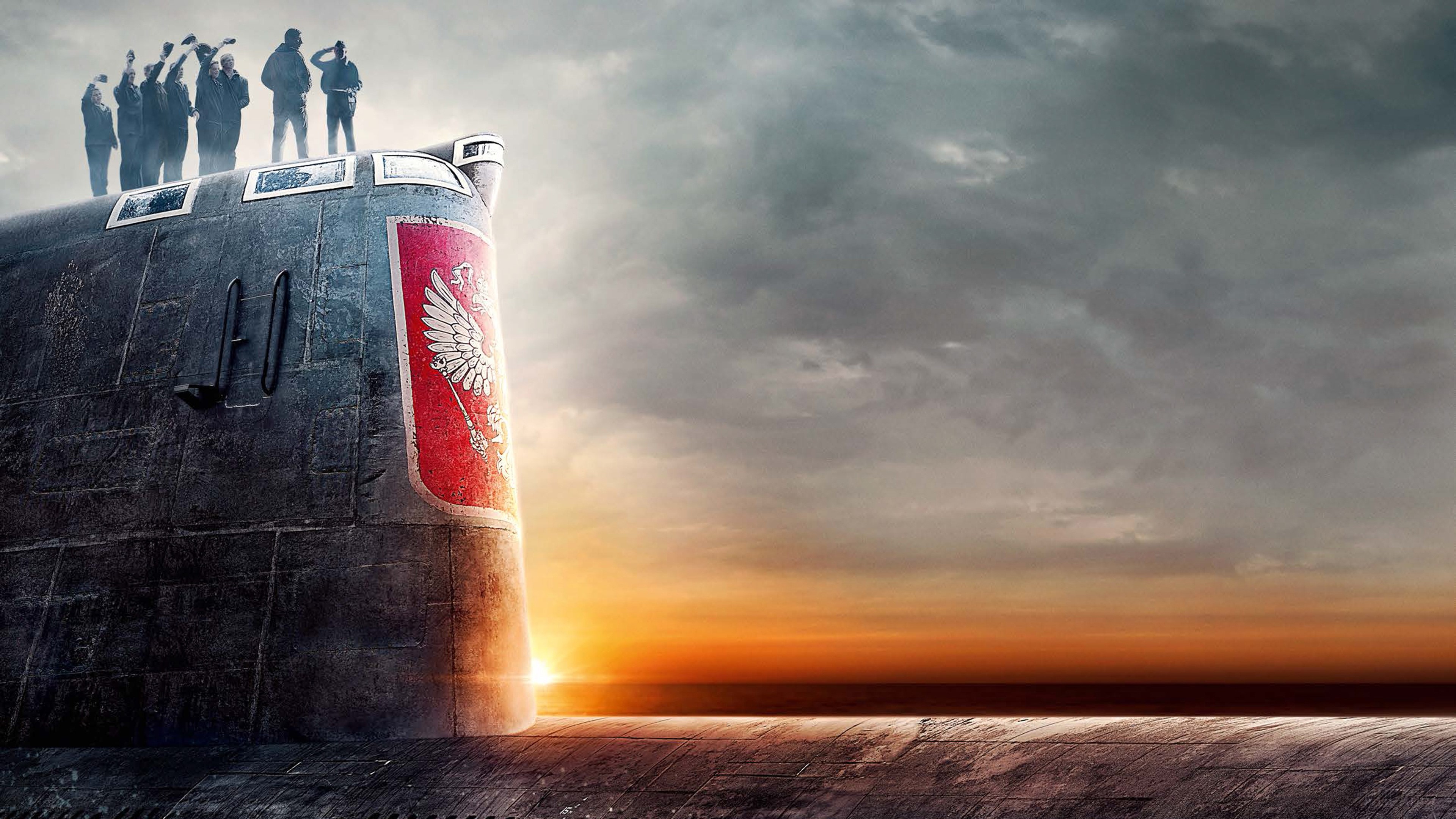 Submarine with Polish Emblem and Crew at Sunset HD Wallpaper