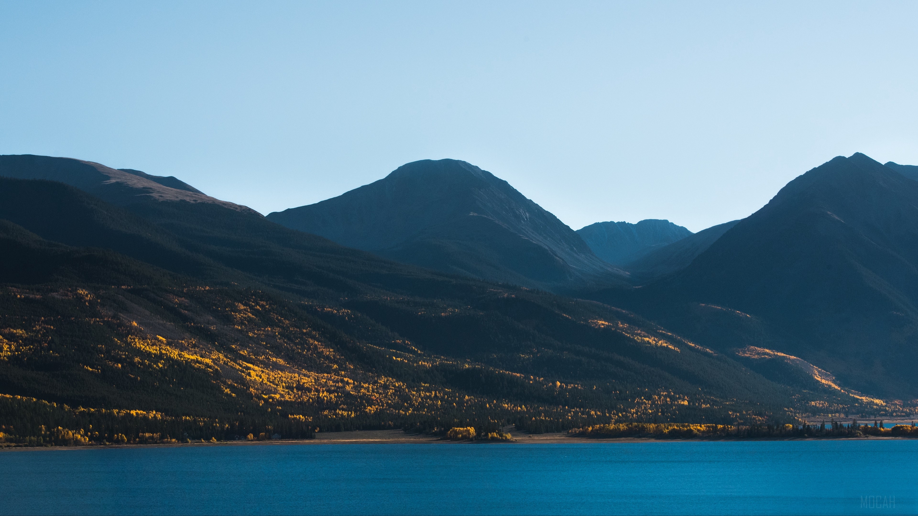 Mountains and lake with autumn trees 4K HD Wallpaper
