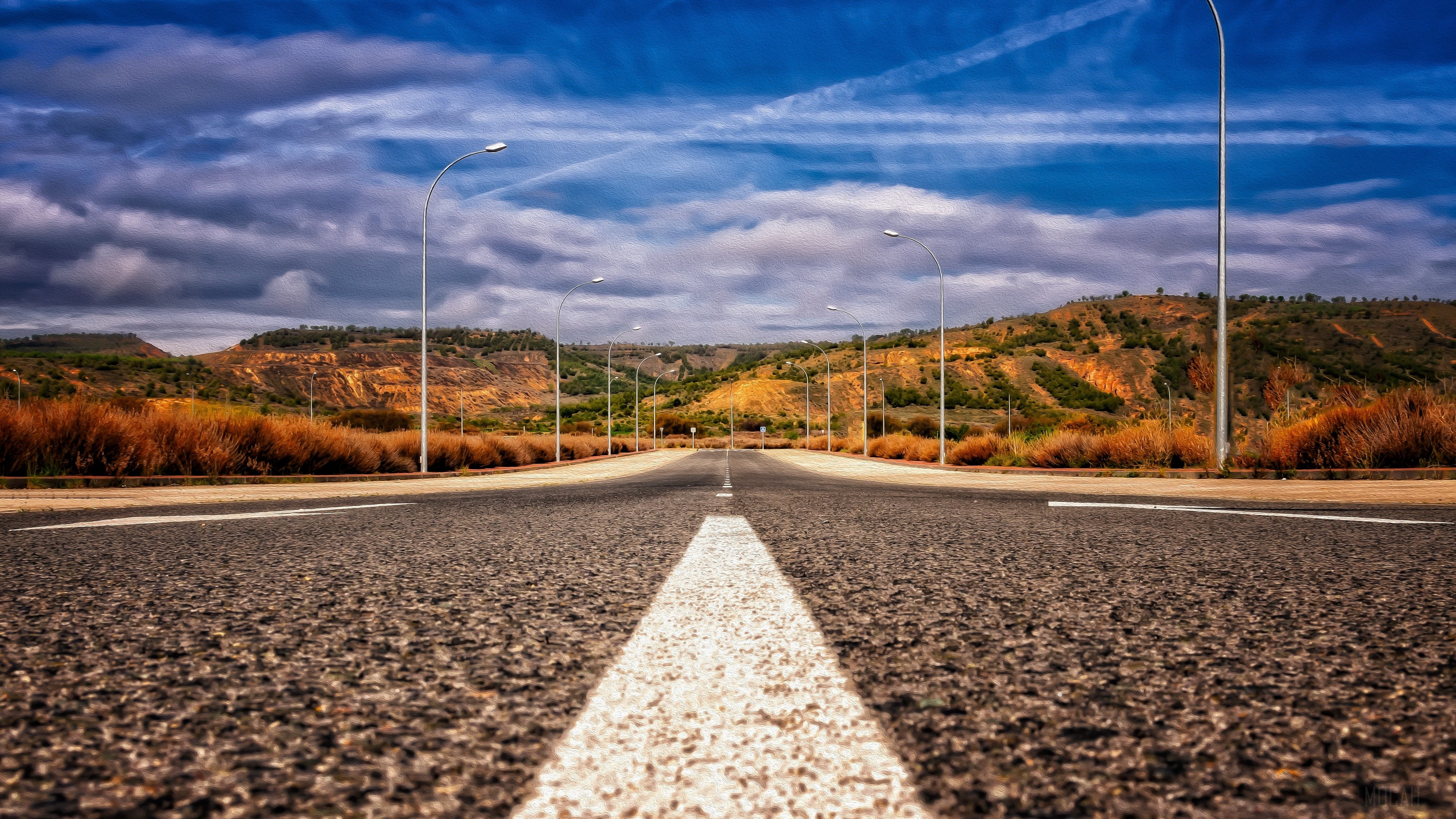 Asphalt road with white marking and mountains HD Wallpaper