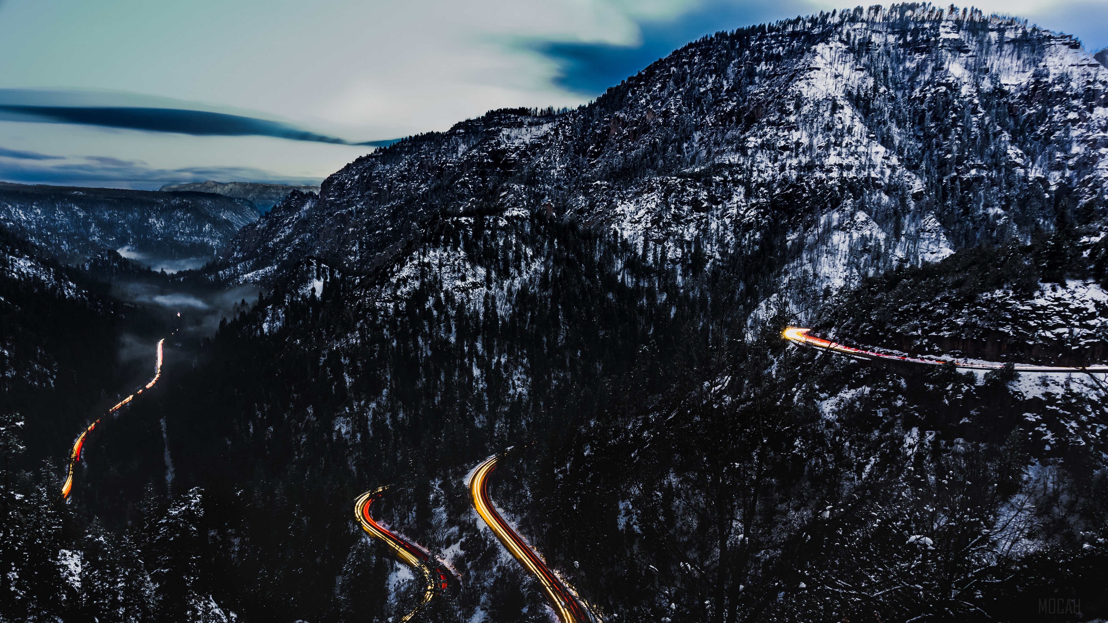 Snowy Mountains Road with Light Trails 4K HD Wallpaper