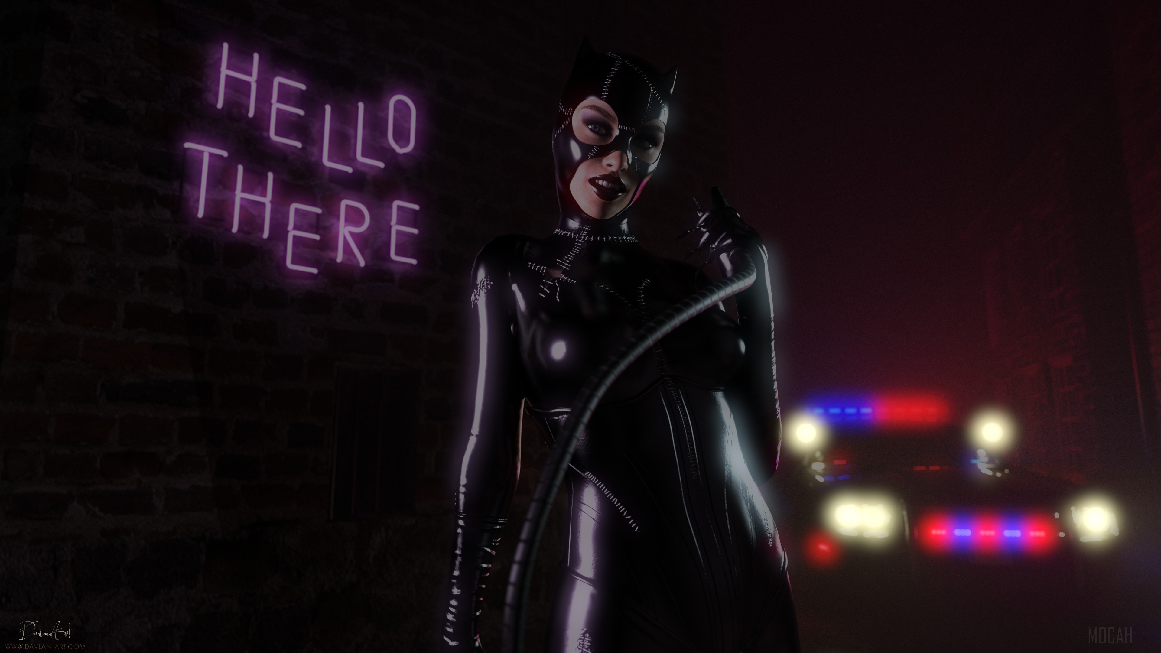Catwoman with whip and police car, neon sign HD Wallpaper