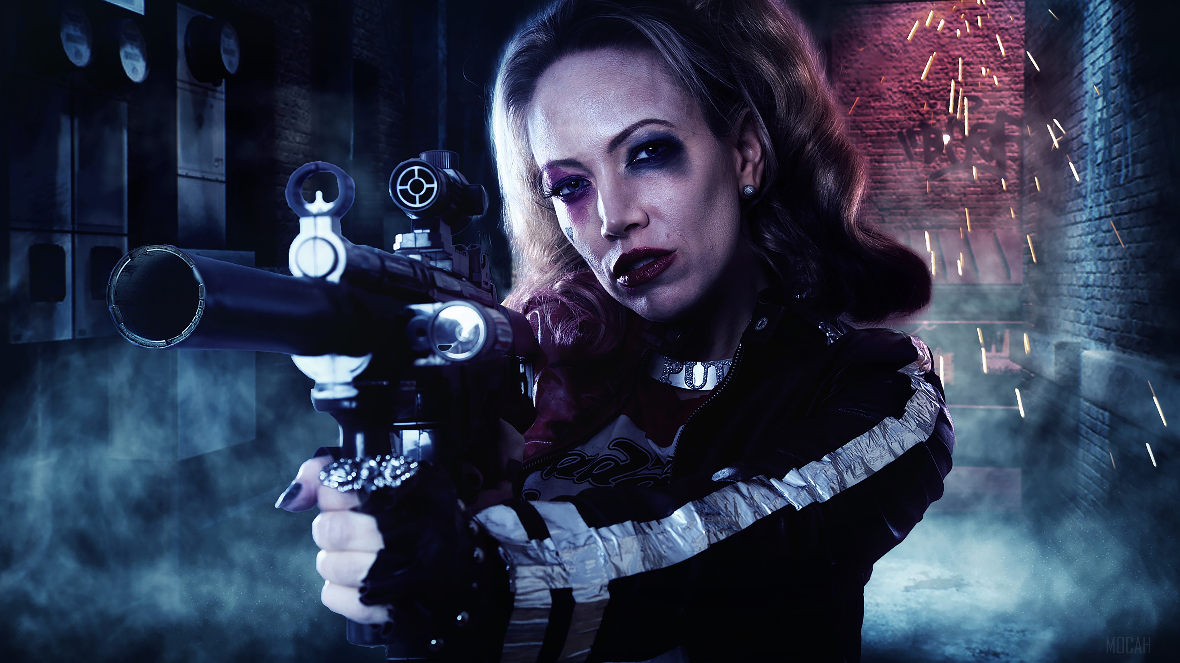 Harley Quinn with a rifle in a dark alley HD Wallpaper