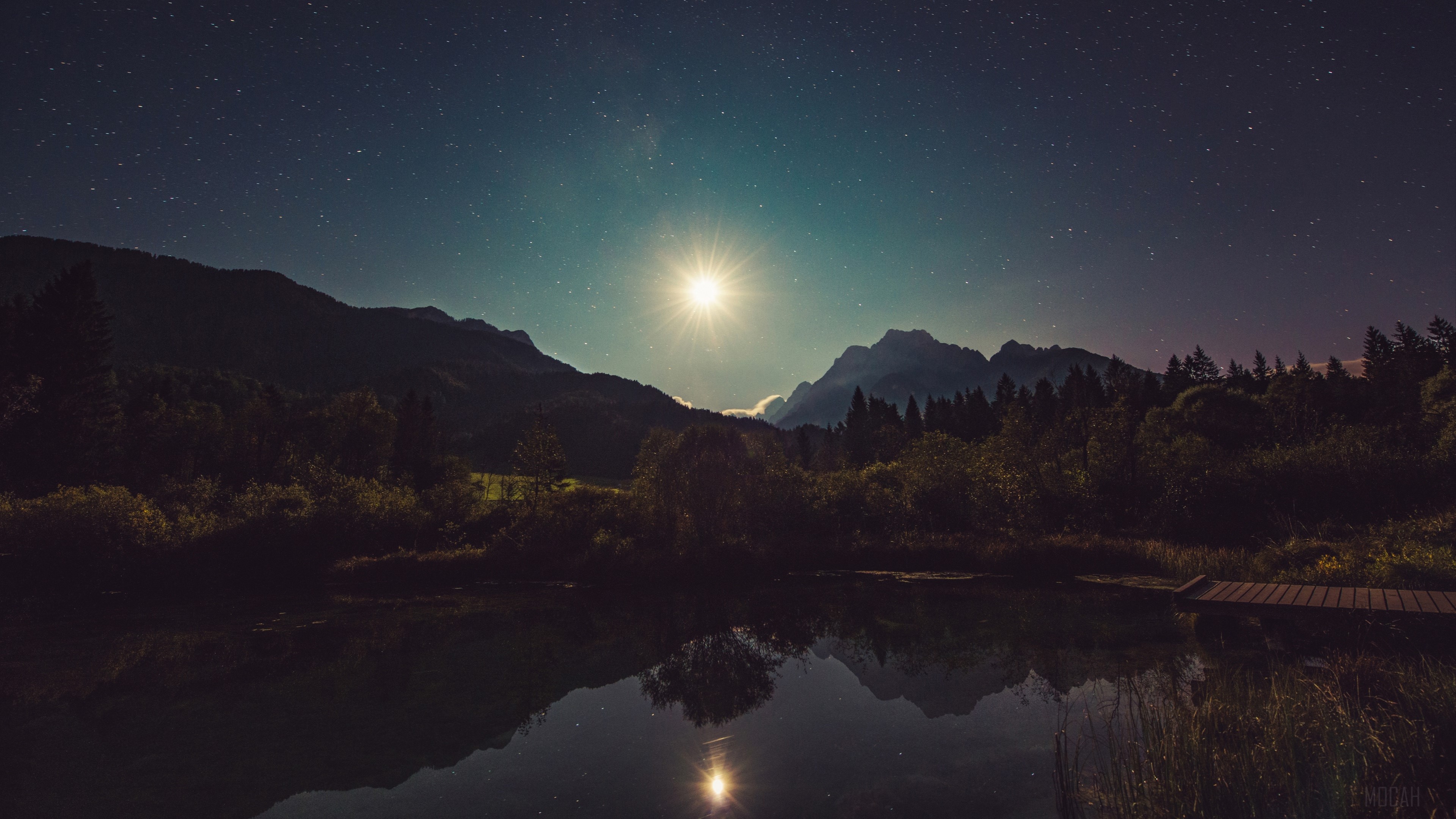 Starry night over mountains and lake 4K HD Wallpaper