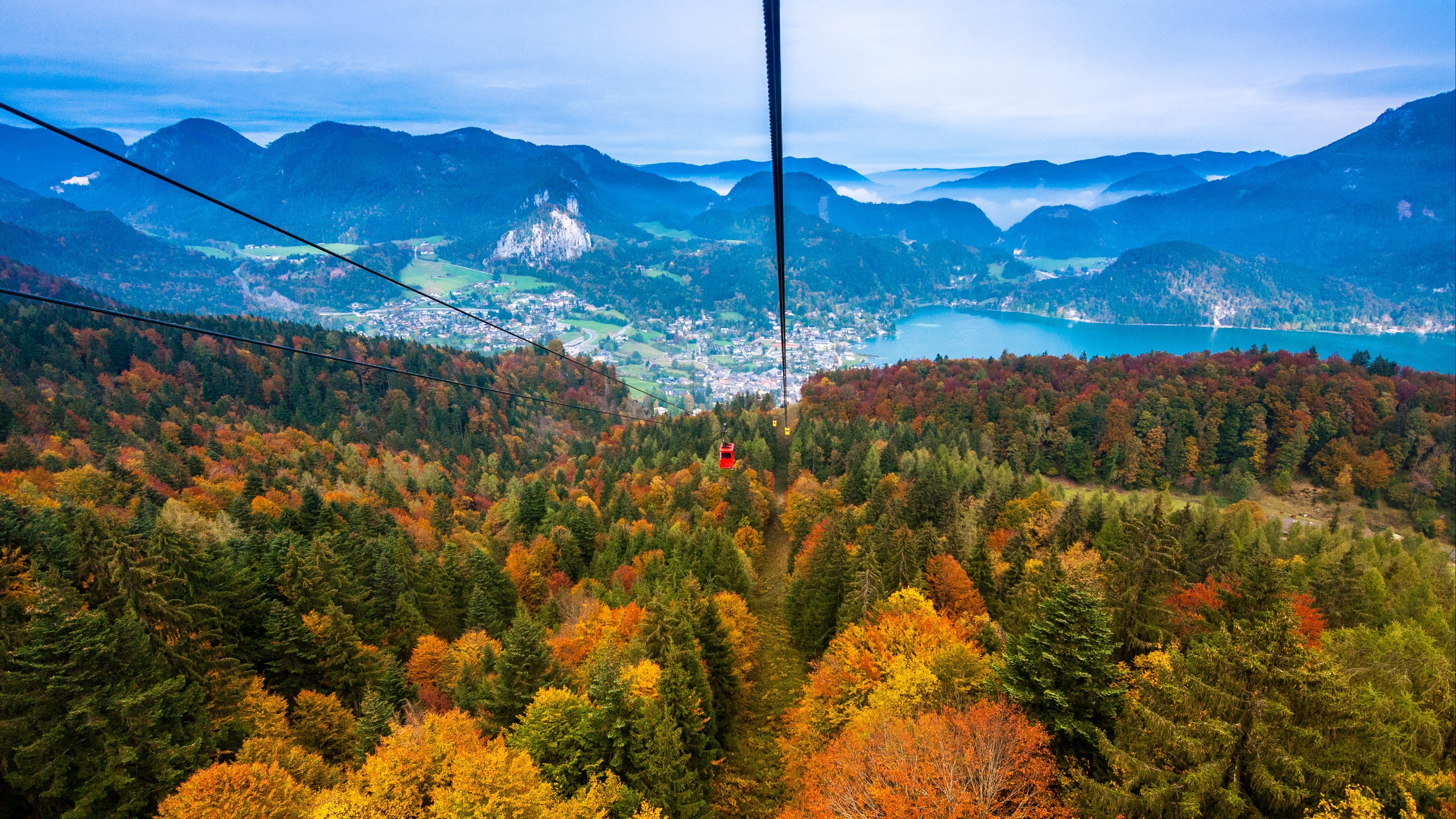 Cable car over autumn forest with mountains and lake HD Wallpaper