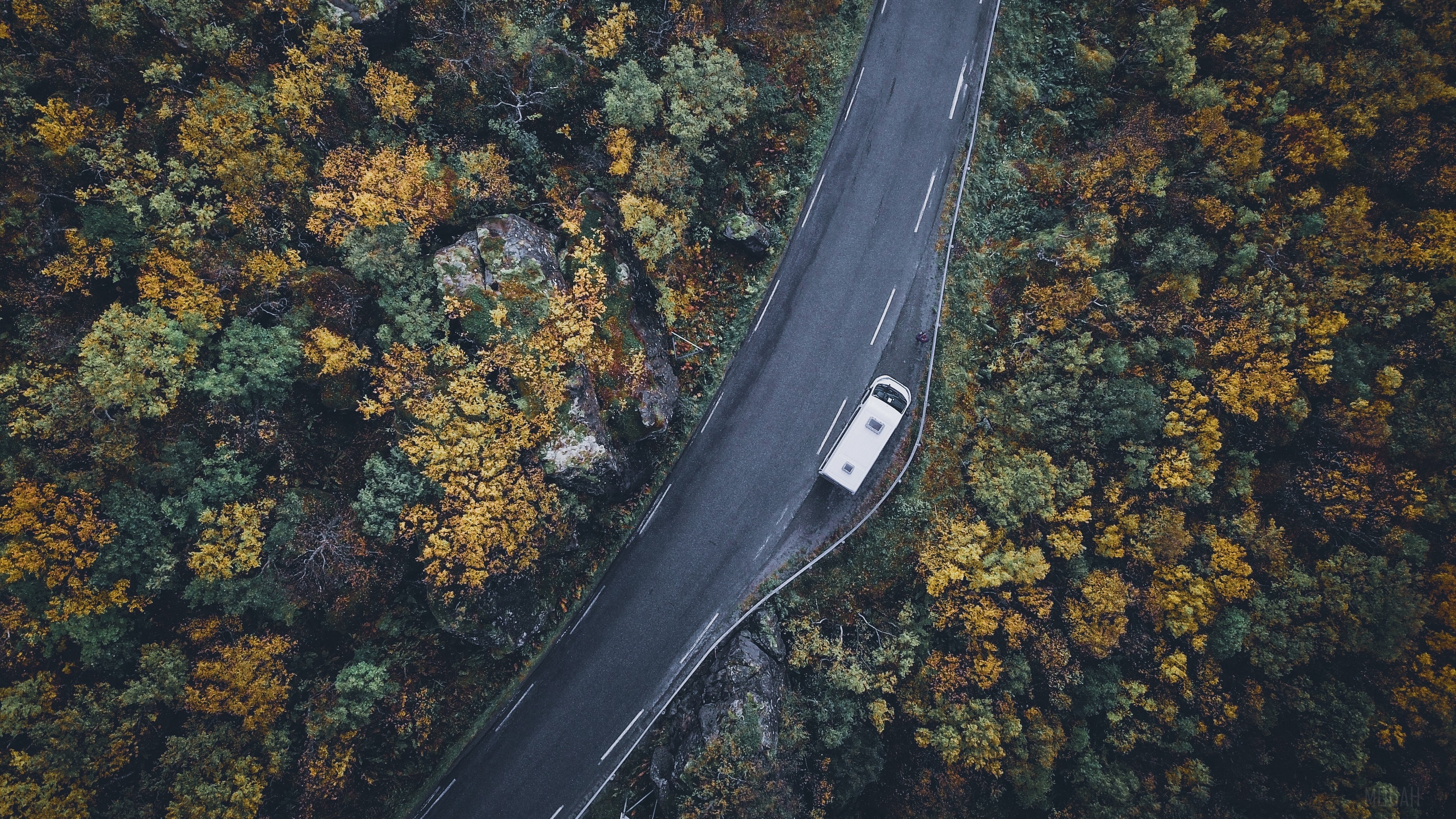 Aerial view of a road through autumn forest with a camper van HD Wallpaper