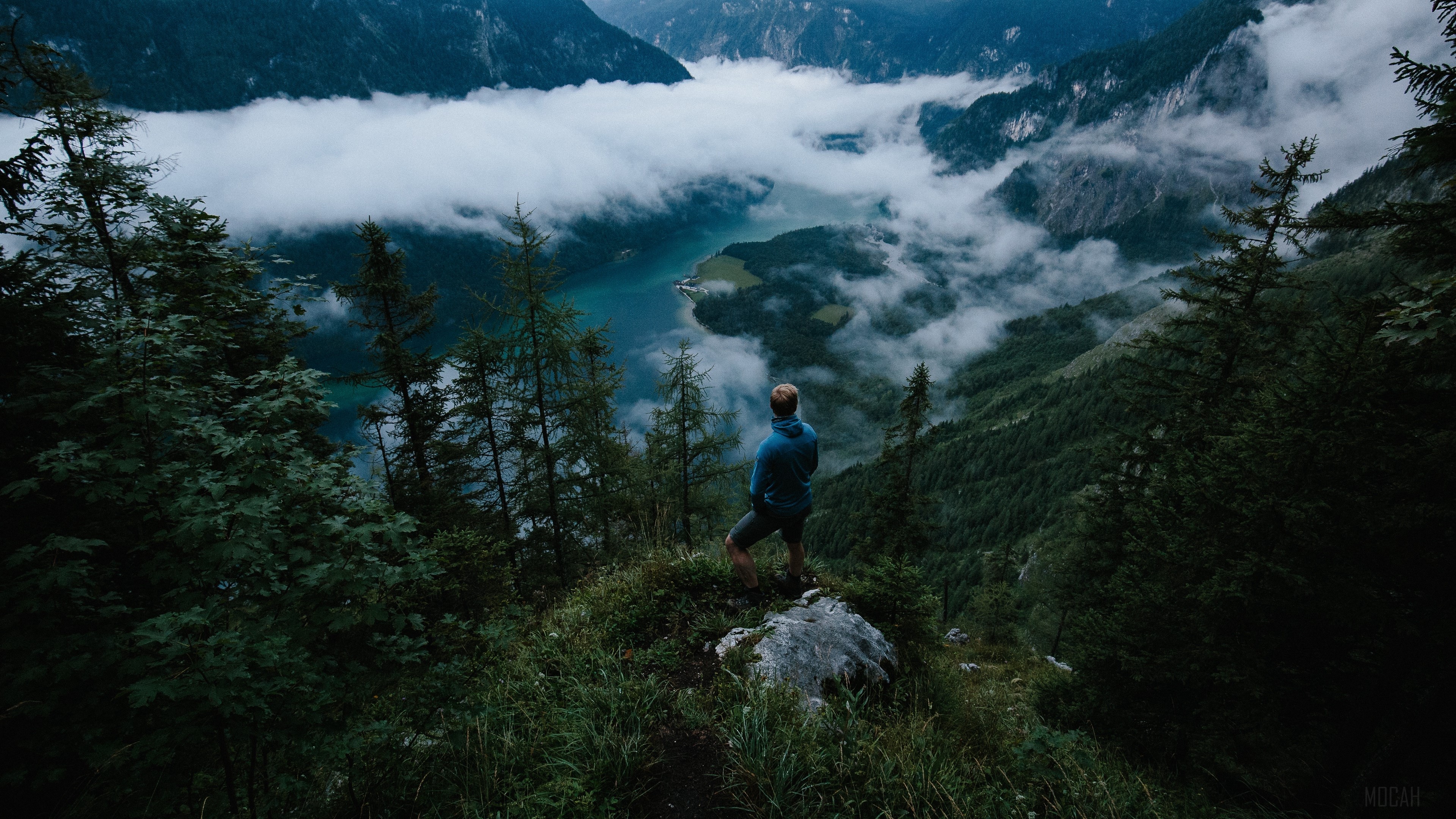 Man on mountain overlooking foggy lake 4K HD Wallpaper