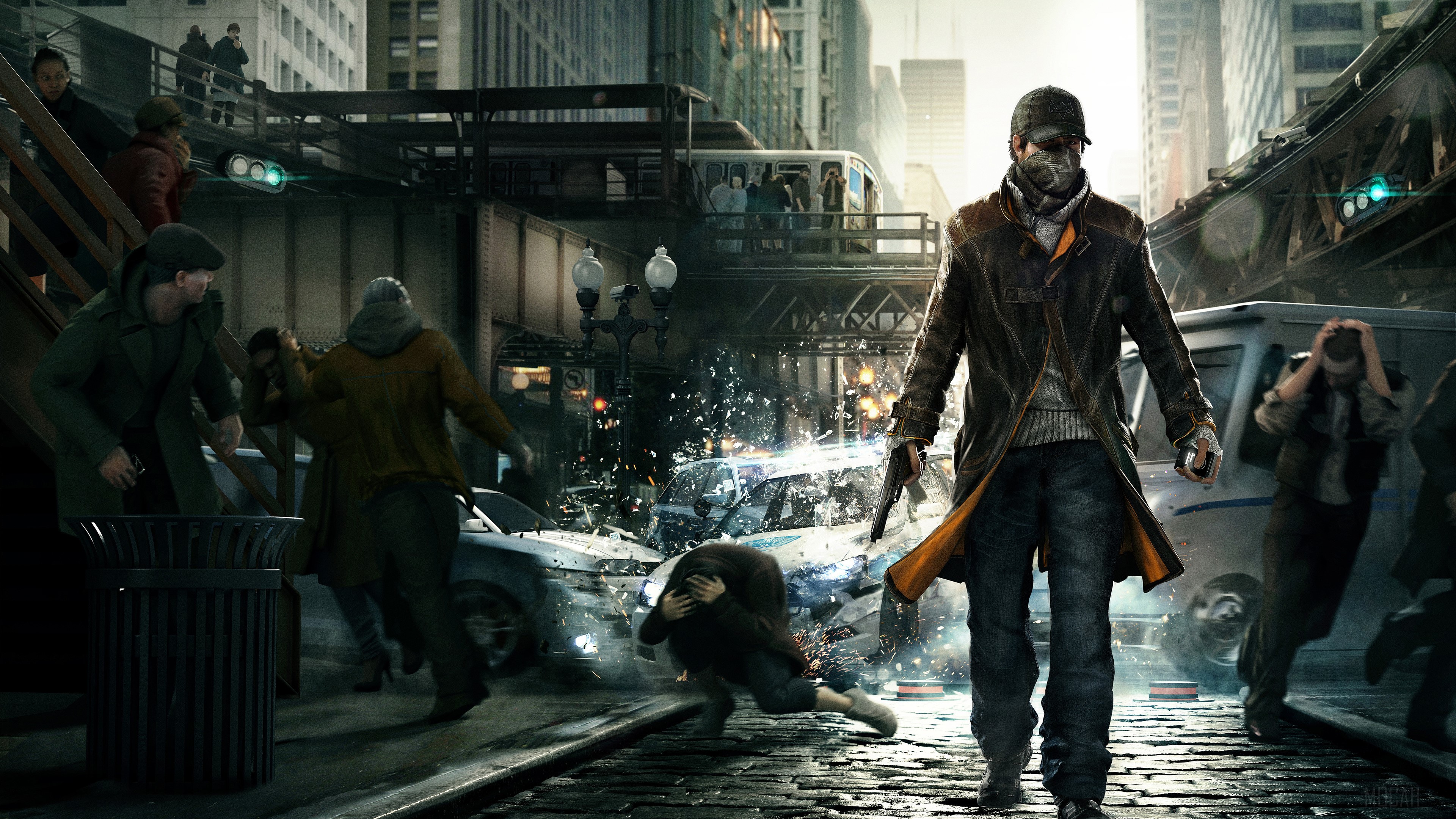 Aiden Pearce from Watch Dogs in a chaotic city street HD Wallpaper