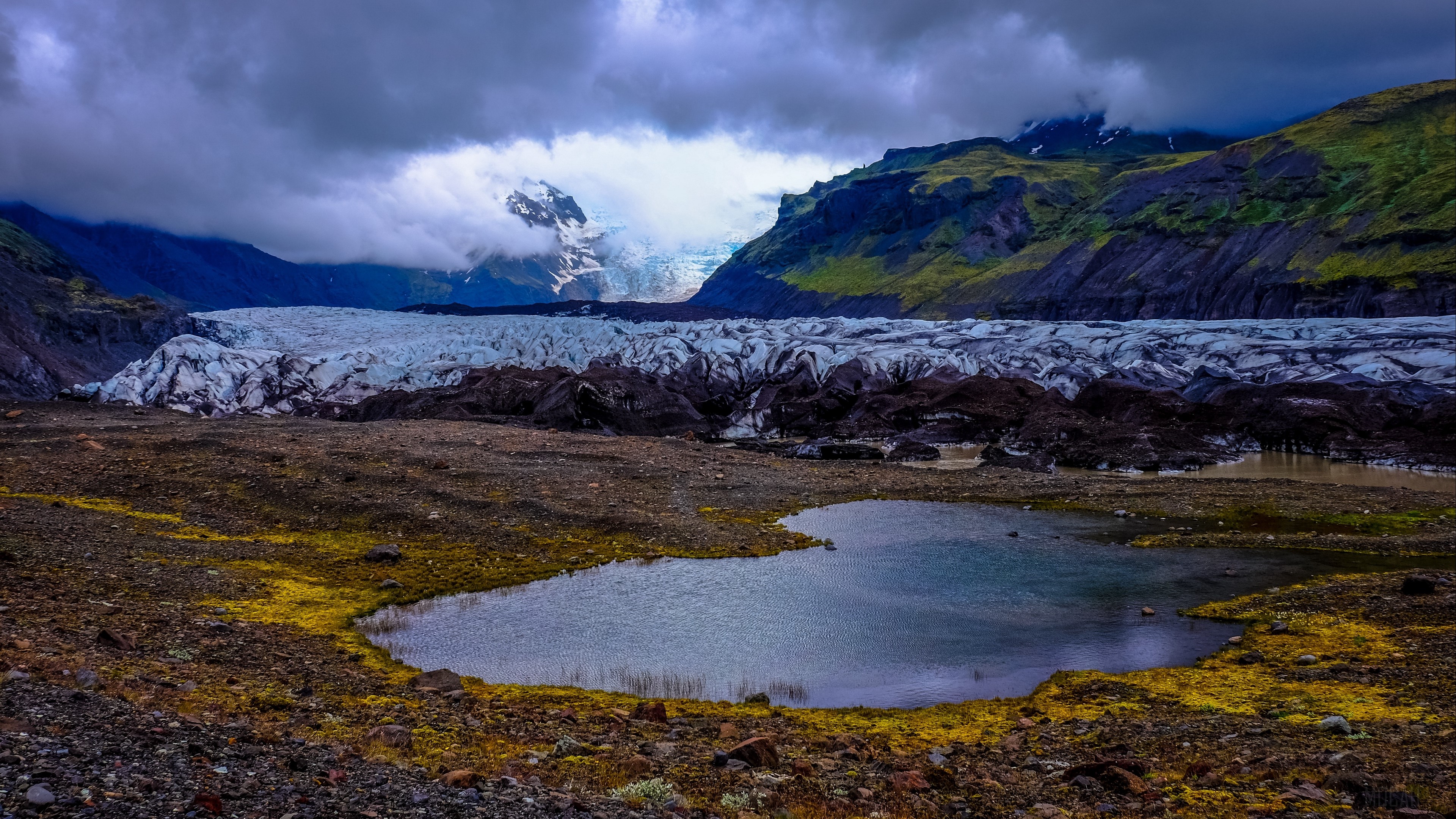 Glacier lake and mountains under cloudy sky 4K HD Wallpaper