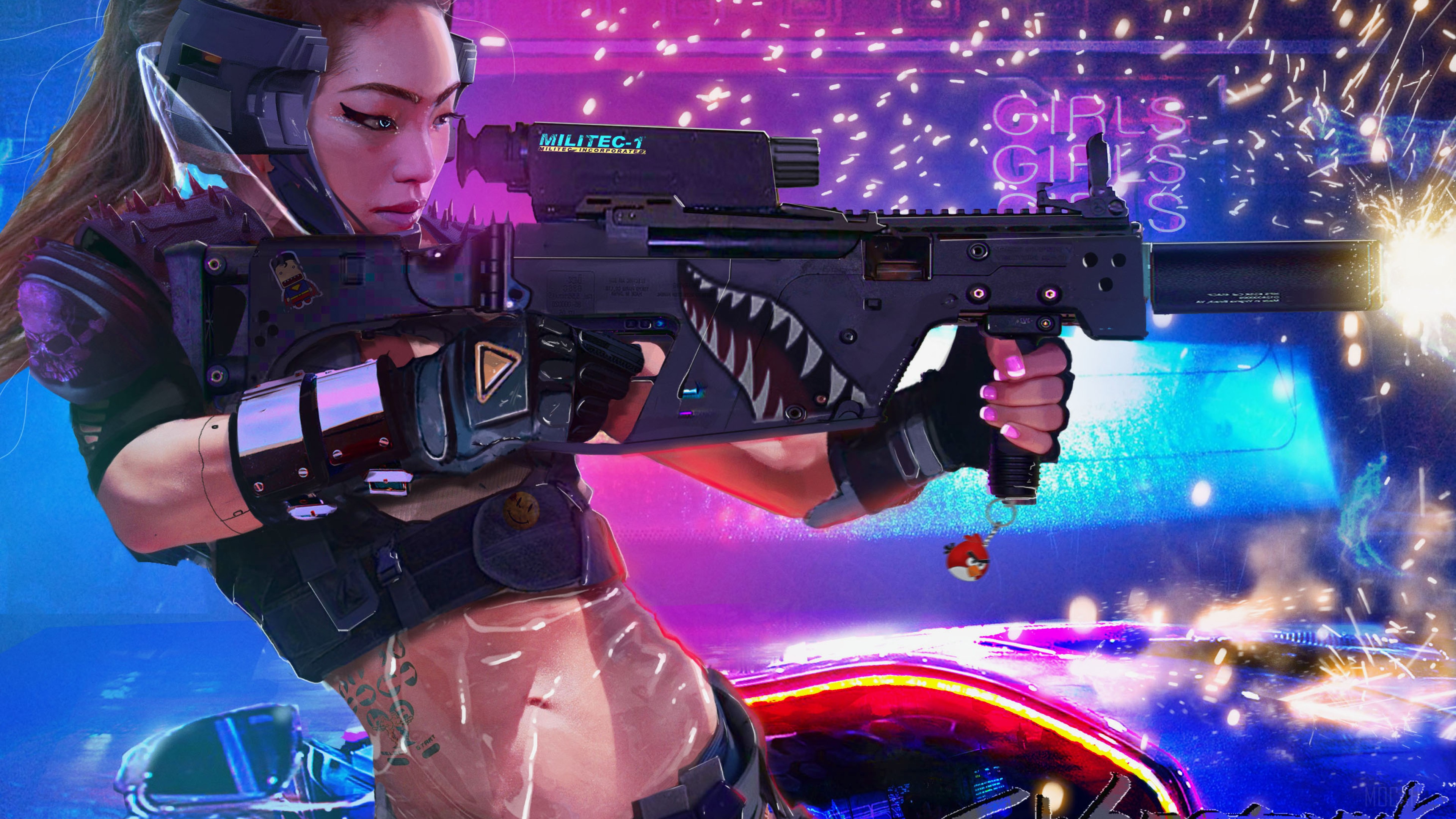 Asian woman with gun in Cyberpunk 2077 style 4K HD Wallpaper