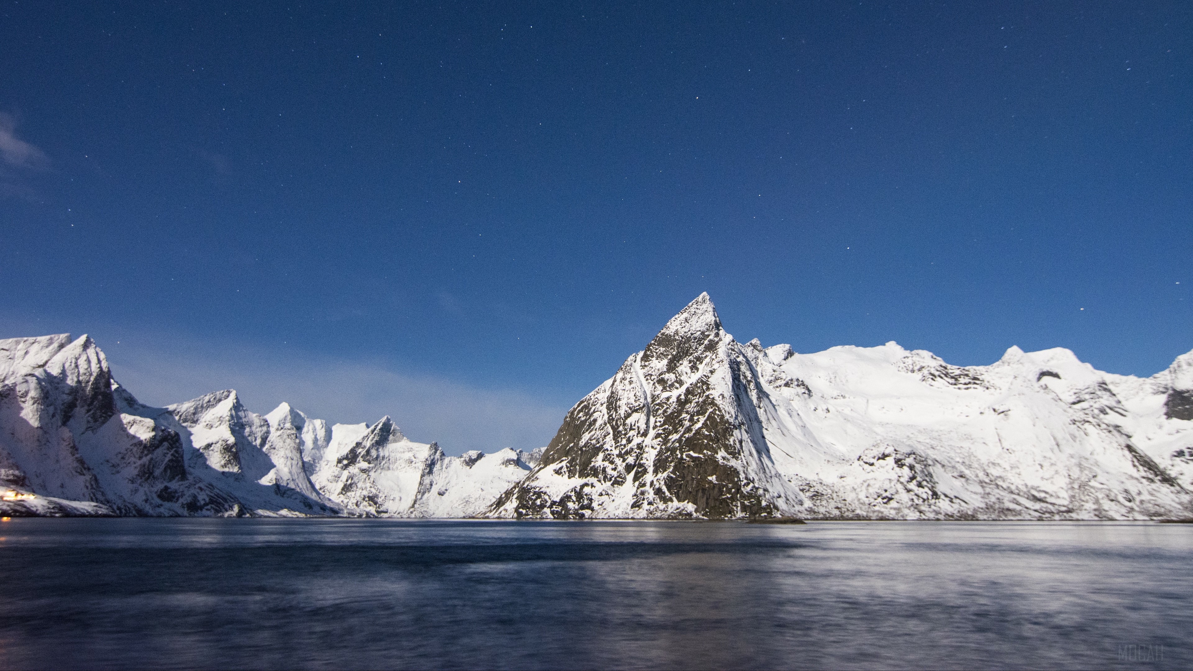 Snowy Mountains Over Lake Under Starry Sky 4K HD Wallpaper