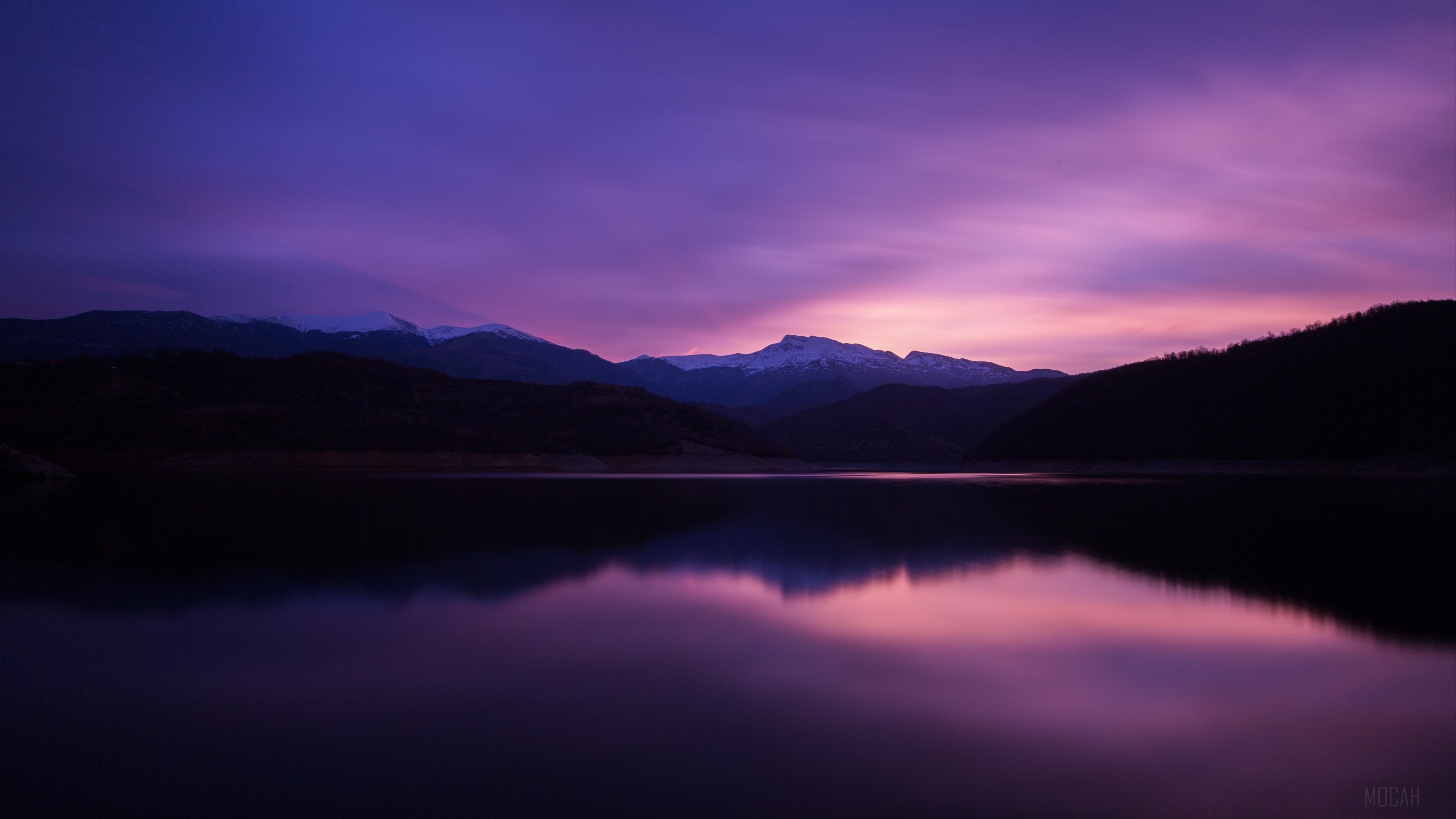 Mountains and lake reflection at twilight 4K HD Wallpaper