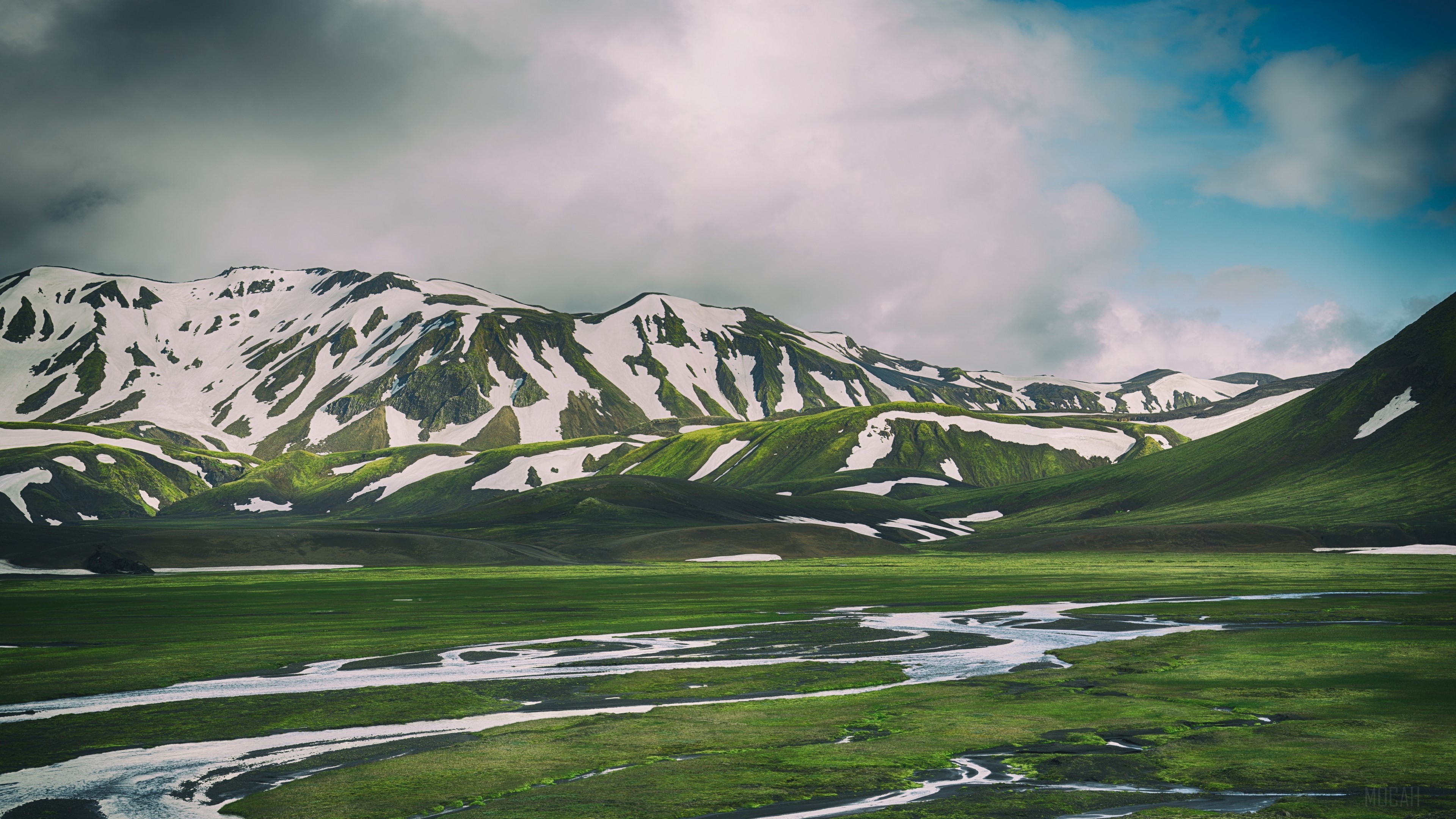 Landmannalaugar, Iceland Mountains with Snow and Grass 4K HD Wallpaper
