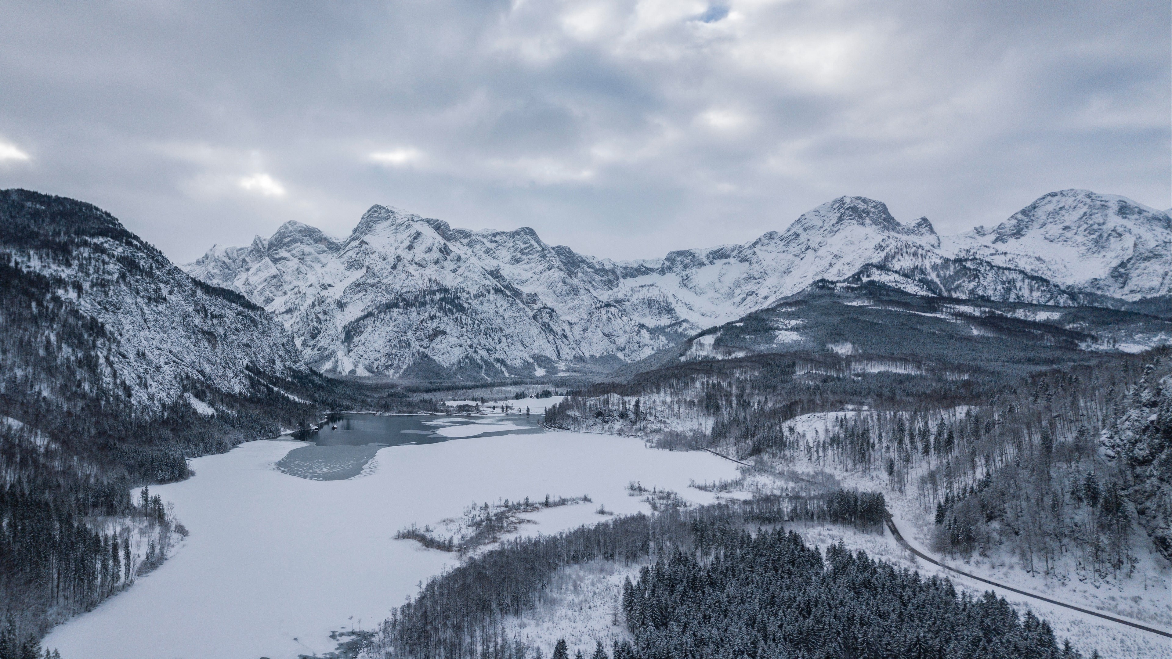 Almsee Austria Winter Snow Mountains 4K HD Wallpaper