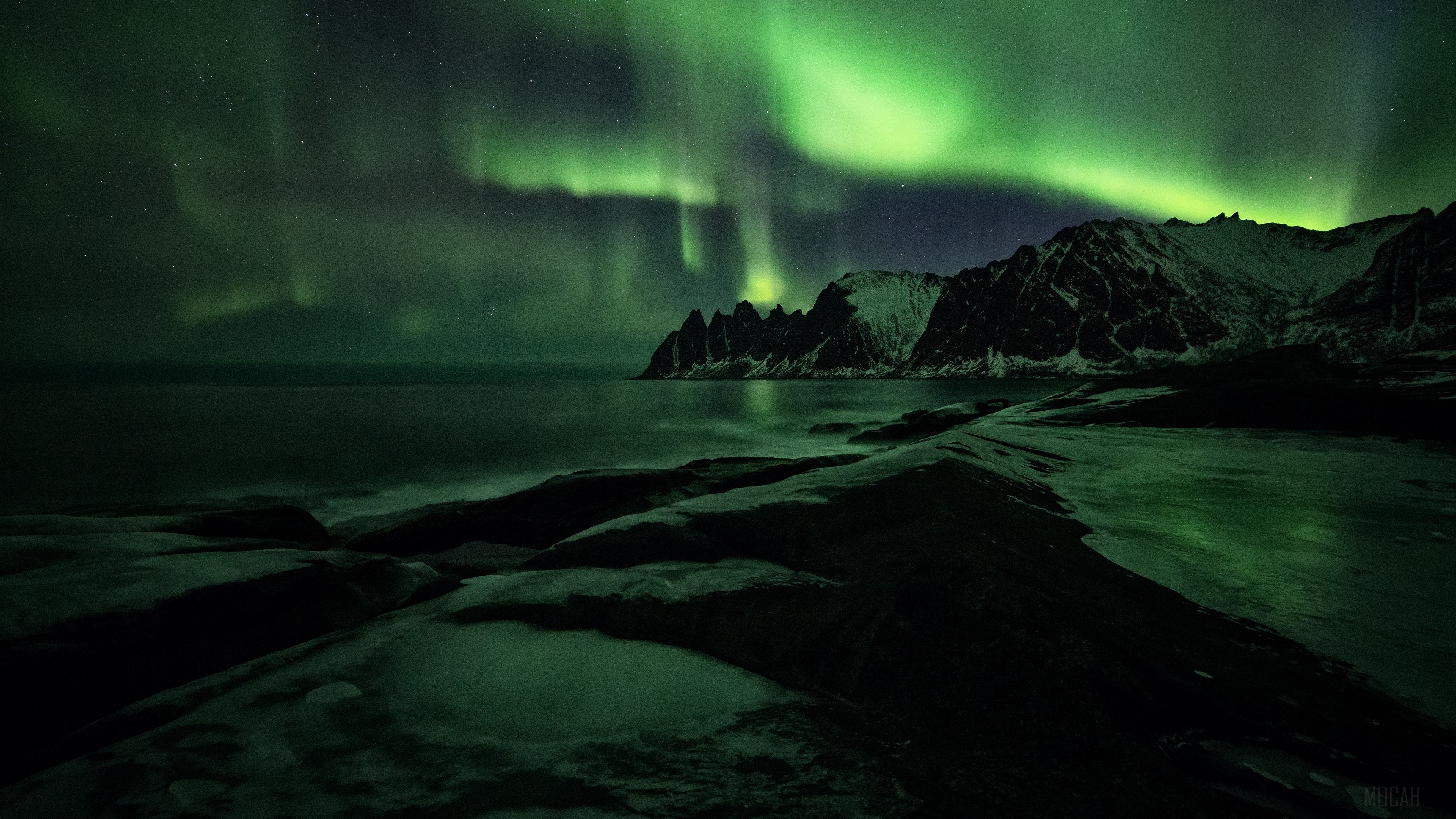 Northern Lights over Snowy Mountains and Shore 4K HD Wallpaper