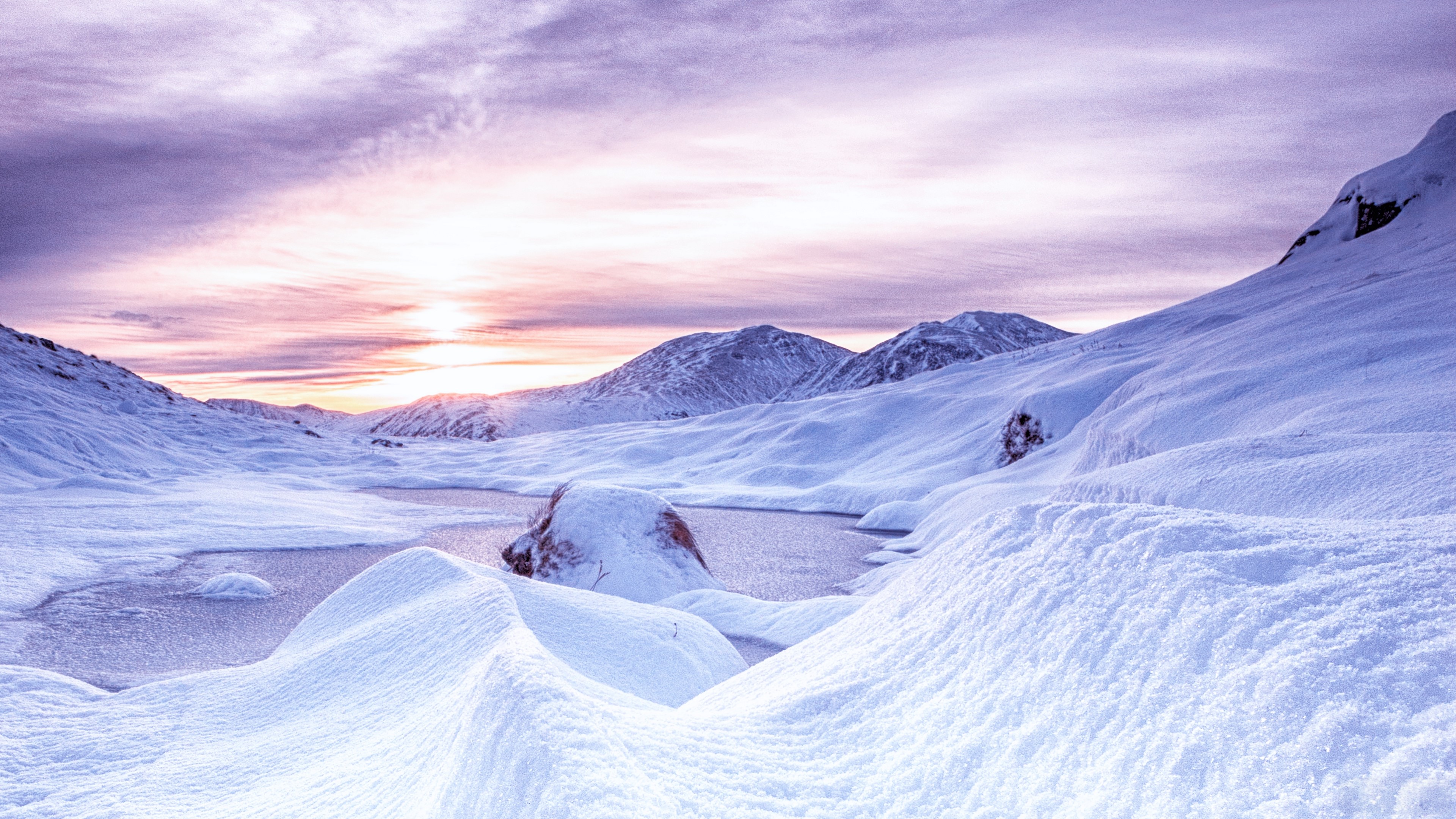 Snowy mountains at dawn in Scotland 4K HD Wallpaper