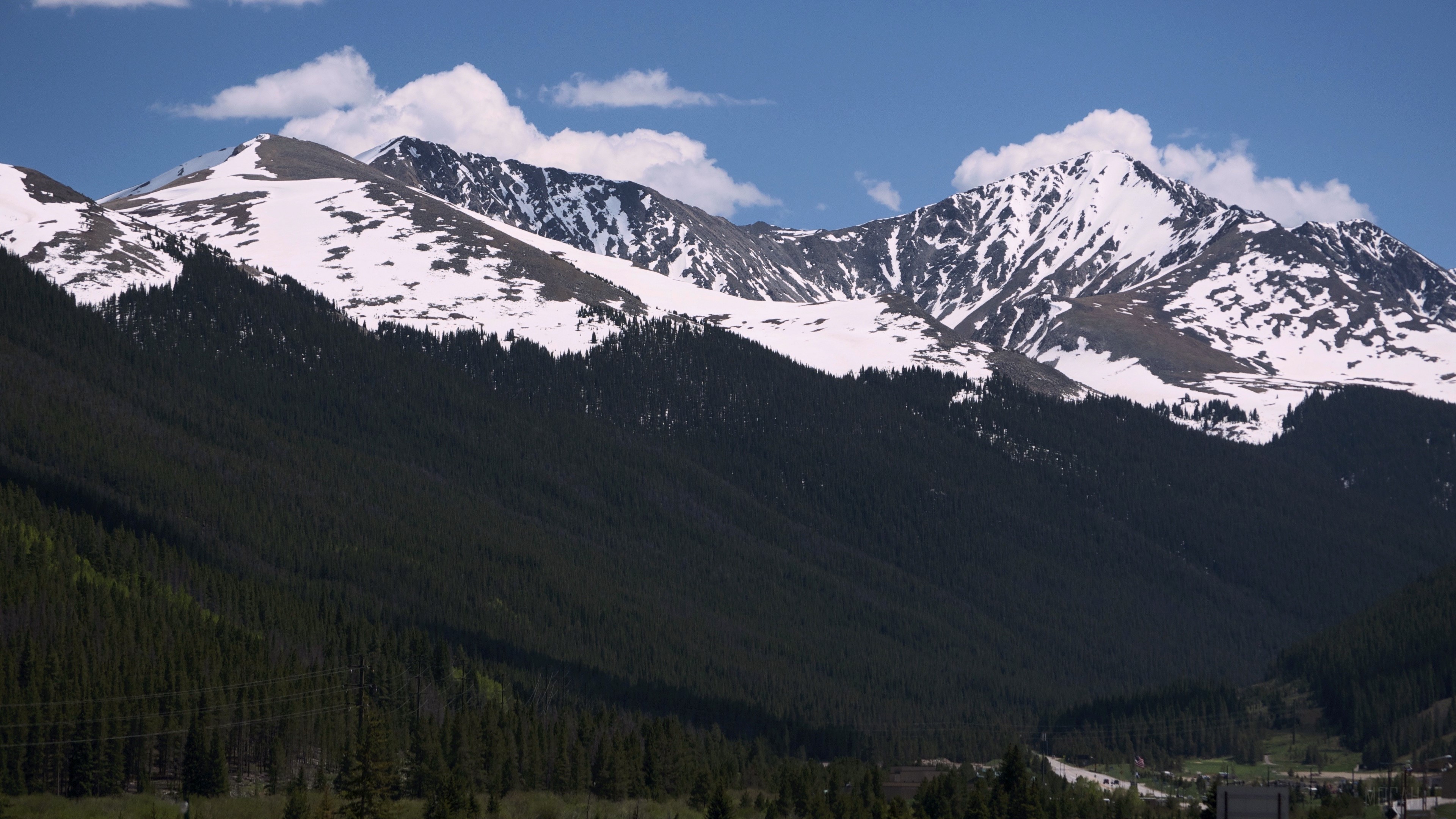 Snow-capped mountains and evergreen forest under blue sky HD Wallpaper
