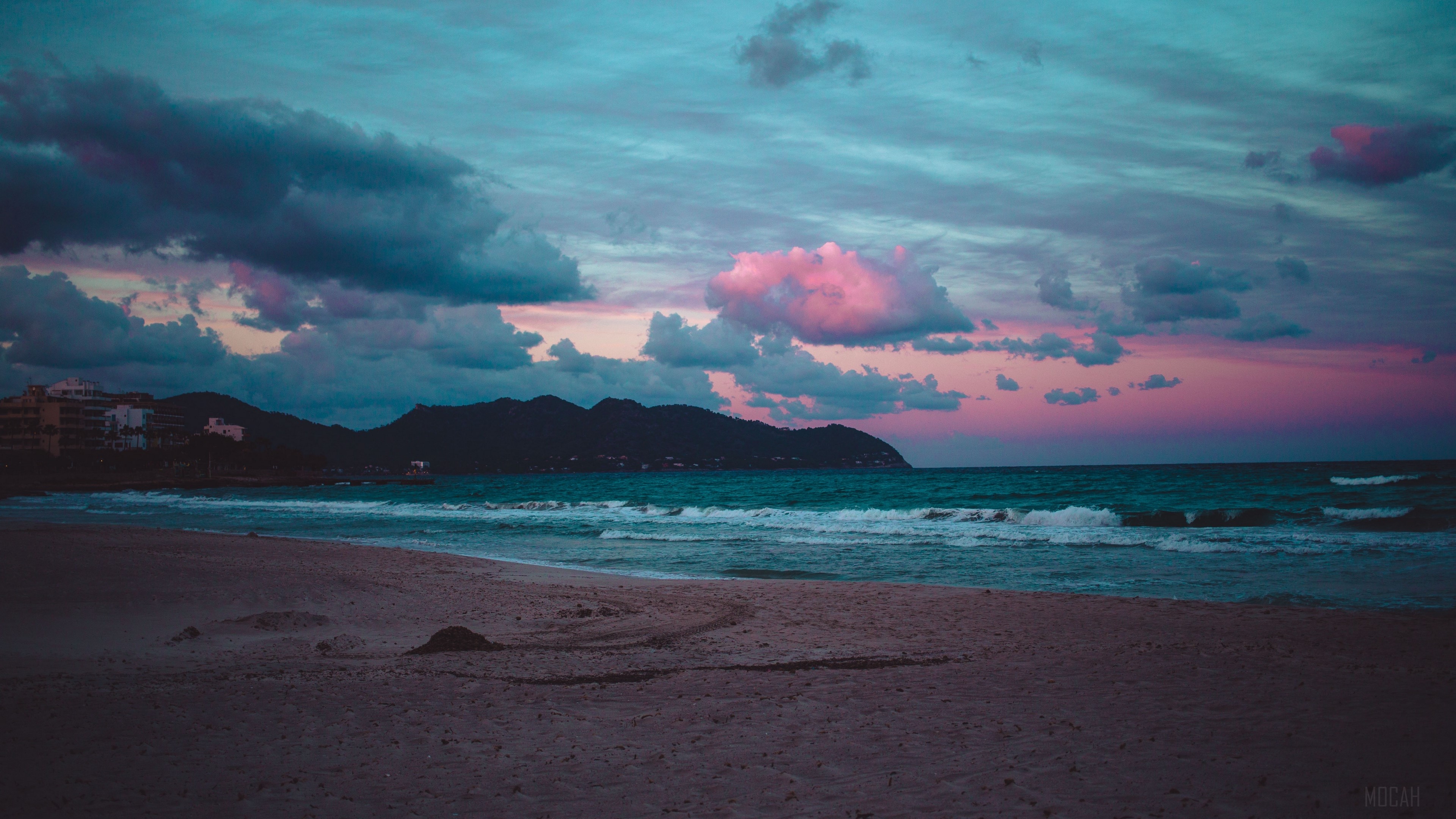 Beach at sunset with mountains and clouds 4K HD Wallpaper