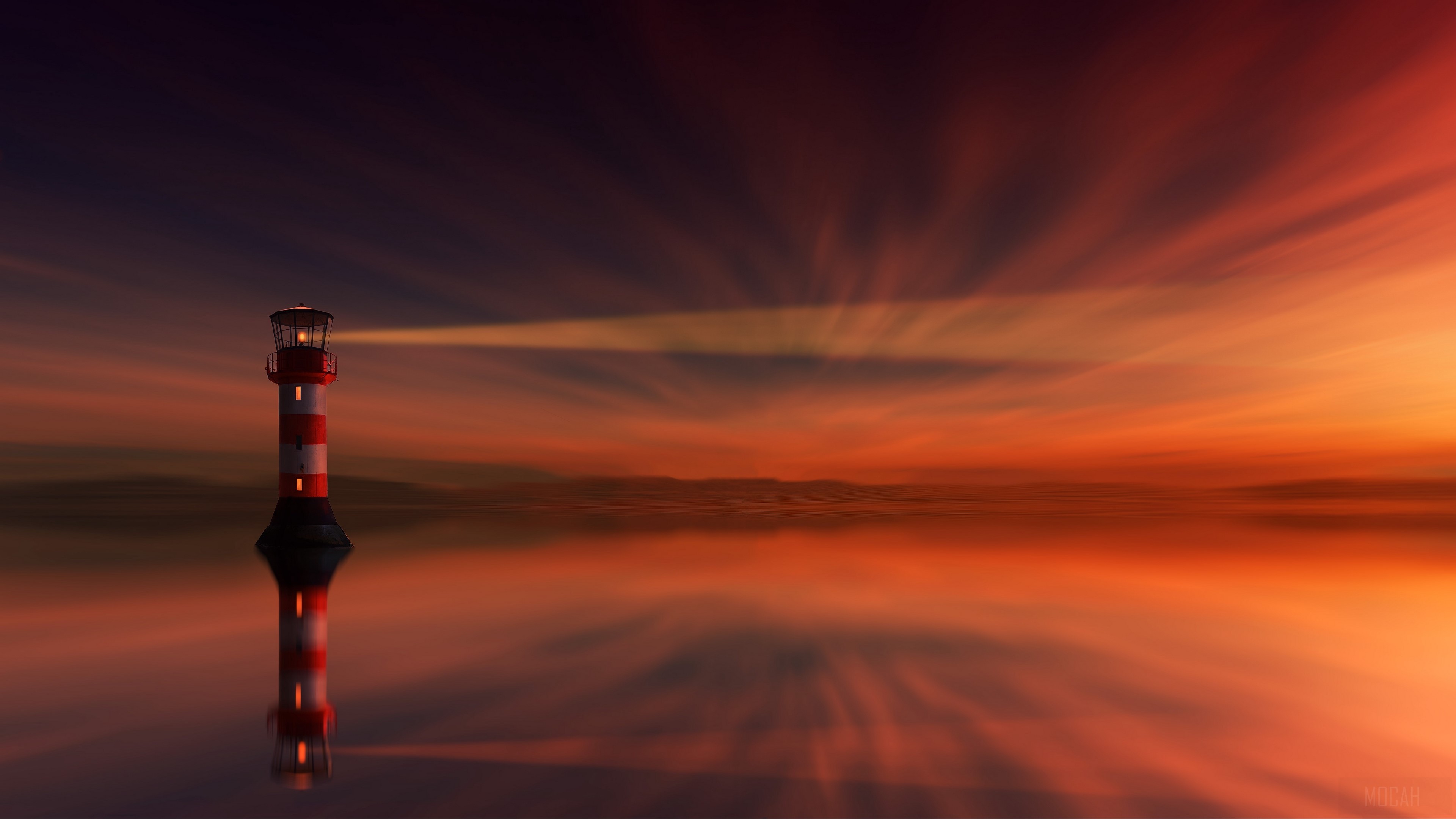 Lighthouse at sunset with reflection HD Wallpaper