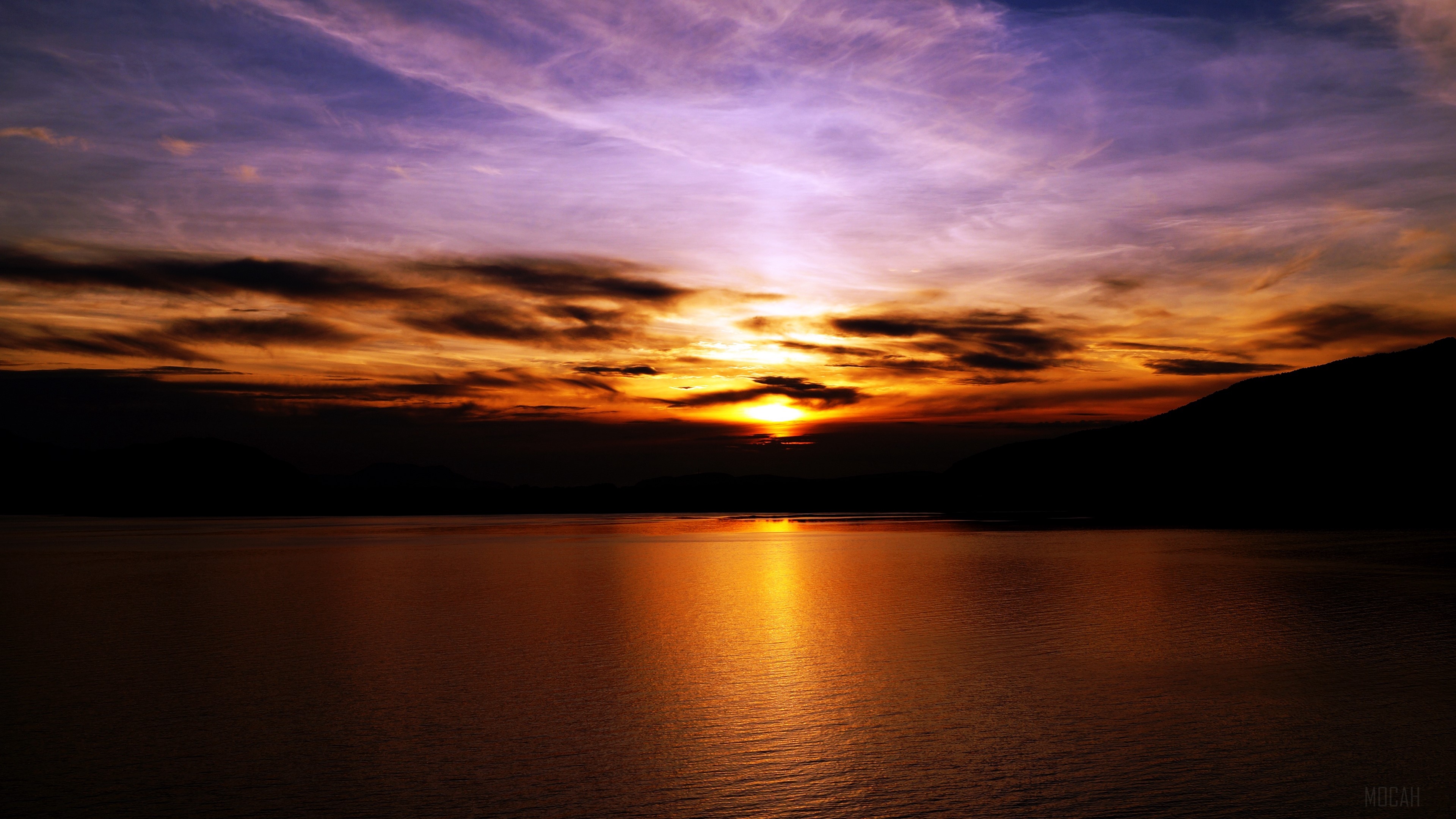 Sunset over the sea with purple and orange sky HD Wallpaper