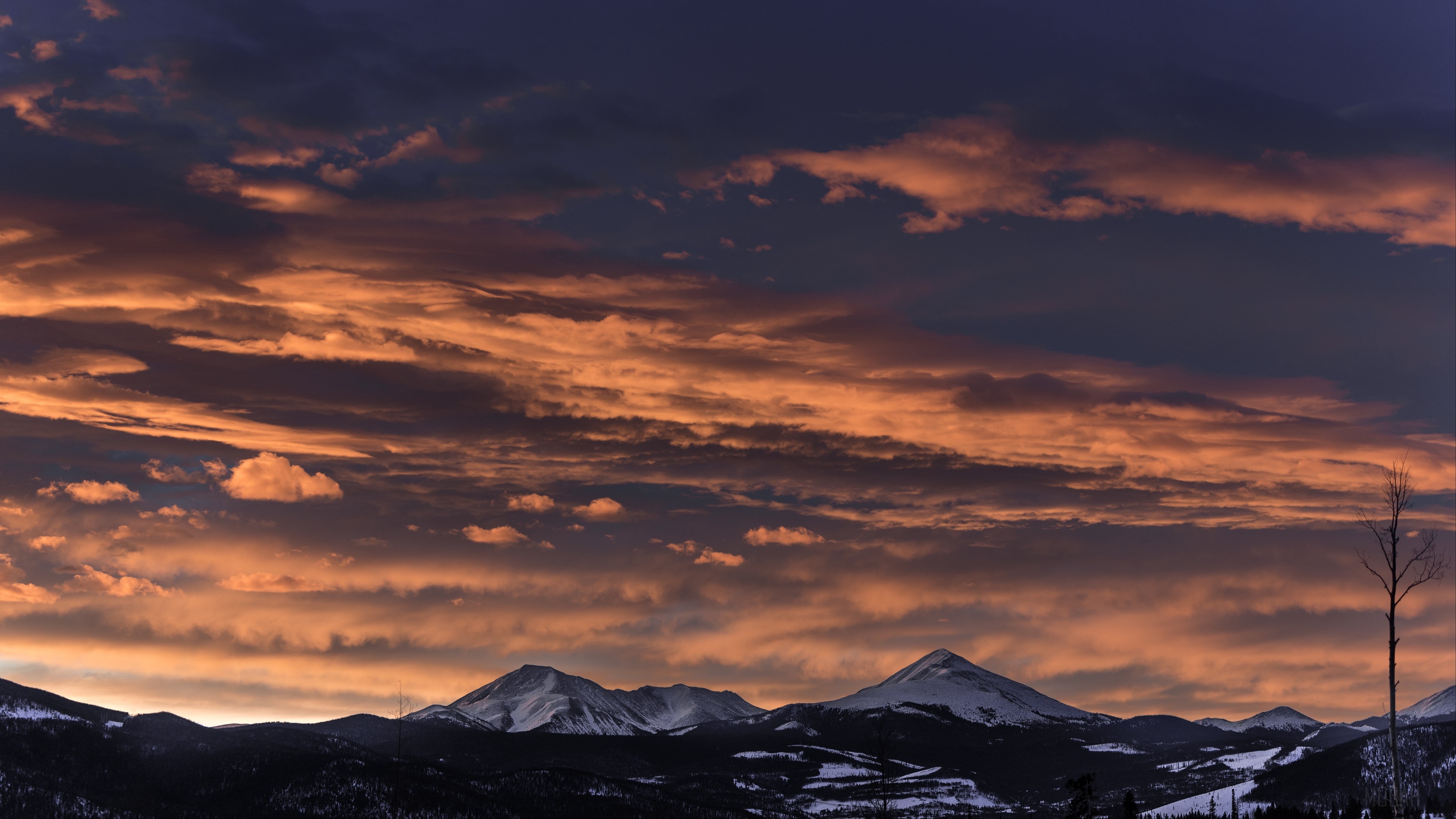 Mountains at Sunset with Orange Clouds 4K HD Wallpaper