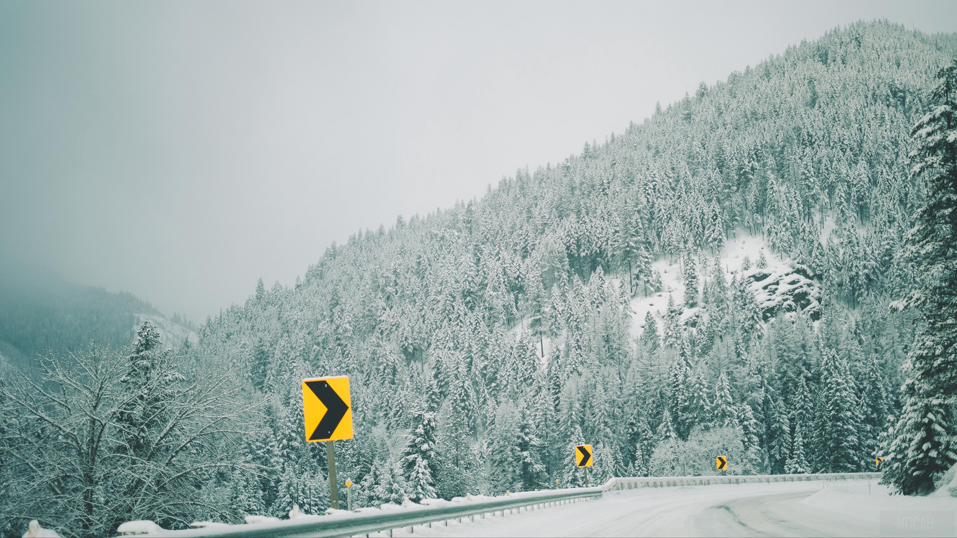Winter forest road with turn signs 4K HD Wallpaper