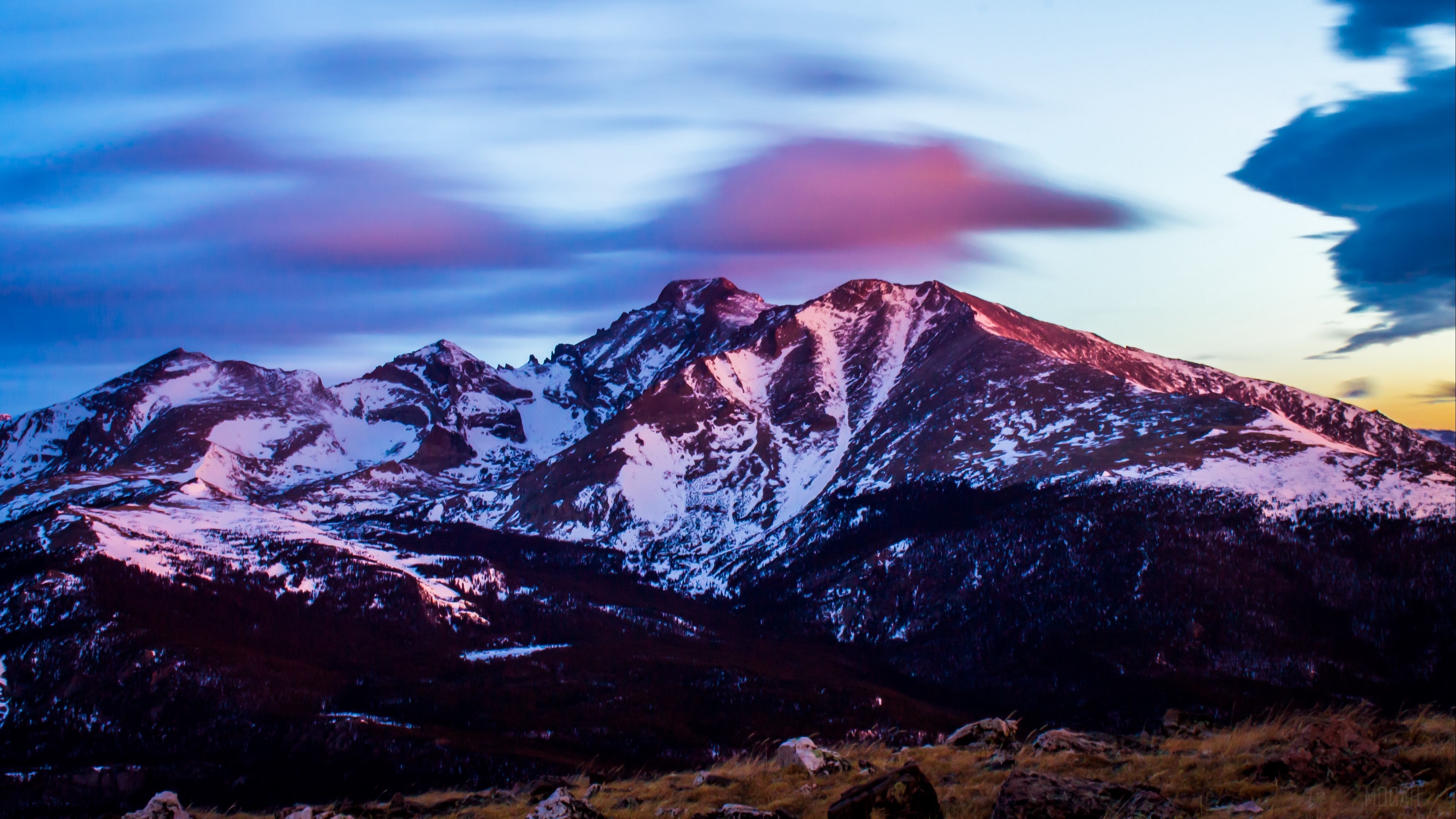 Snow-capped mountains at sunset 4K HD Wallpaper