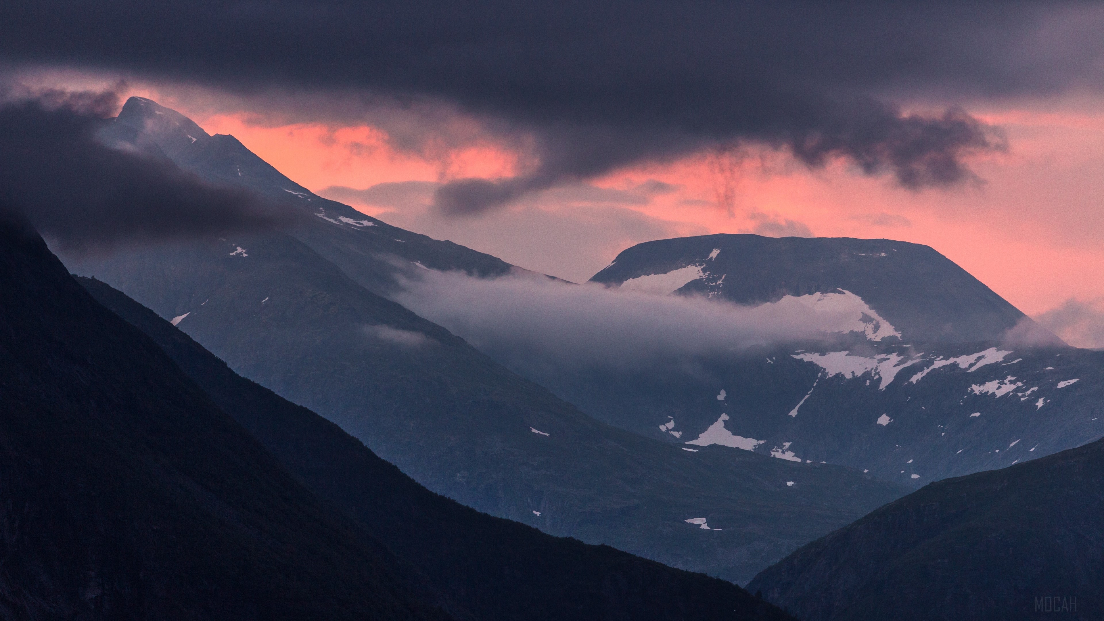 Mountains with snow and clouds at sunset, Norway 4K HD Wallpaper