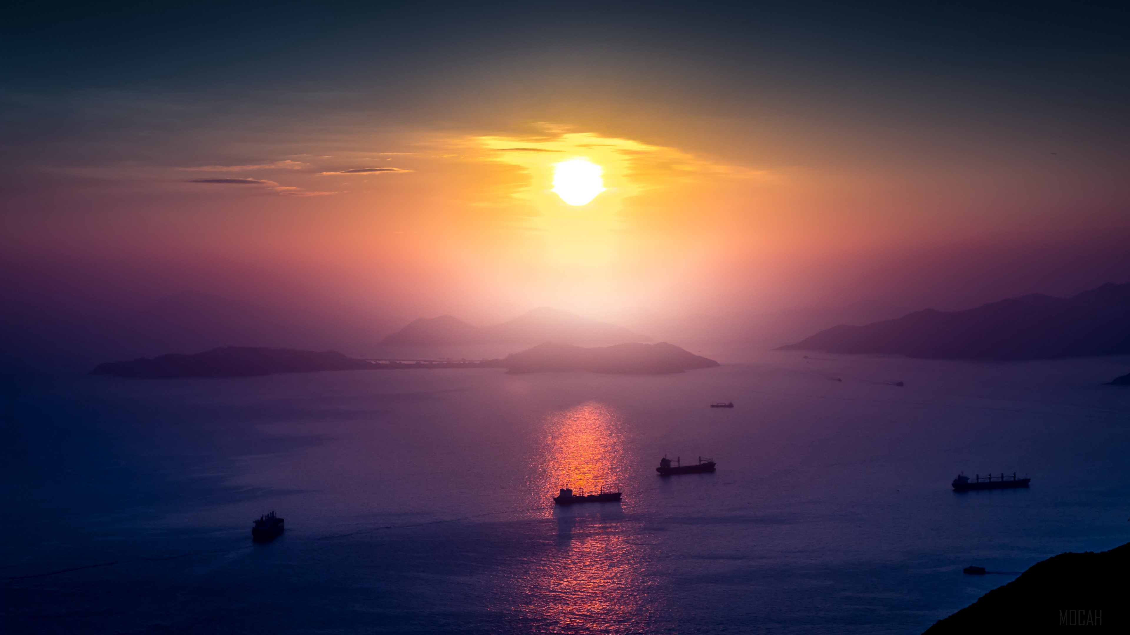 Sunset over the sea with ships and islands HD Wallpaper