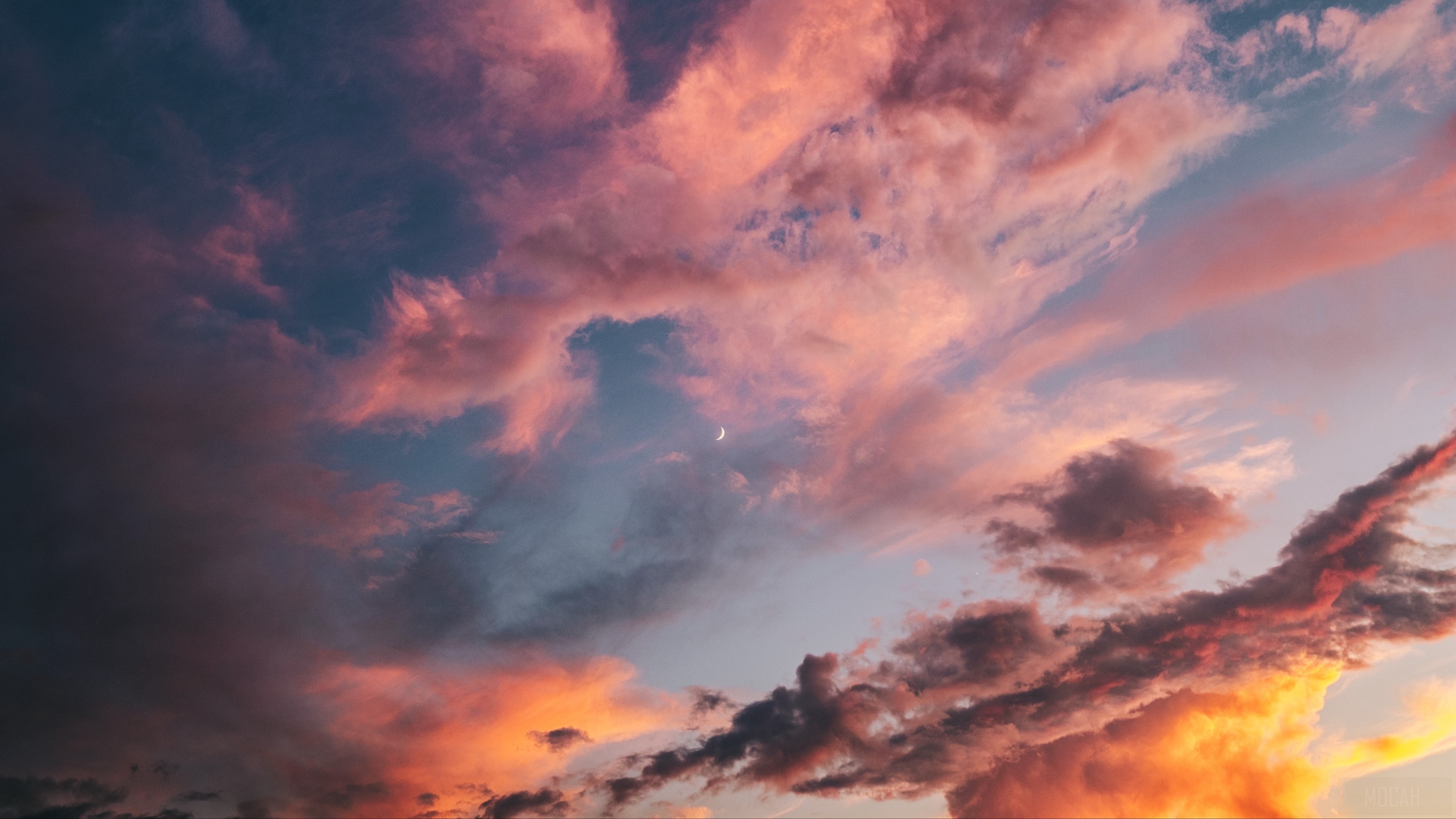 Sunset clouds with a crescent moon HD Wallpaper