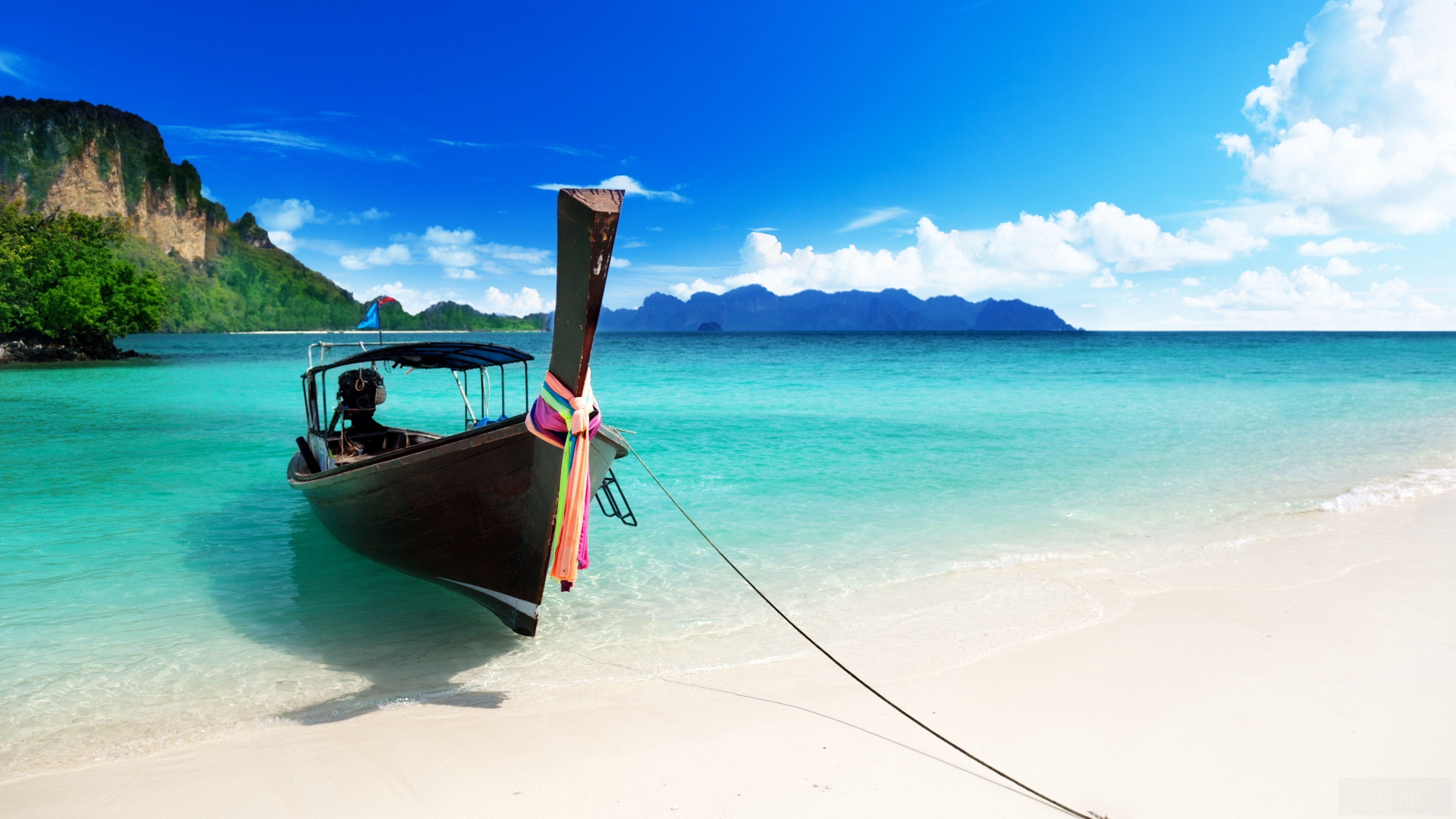 Boat moored on a tropical beach with turquoise water HD Wallpaper